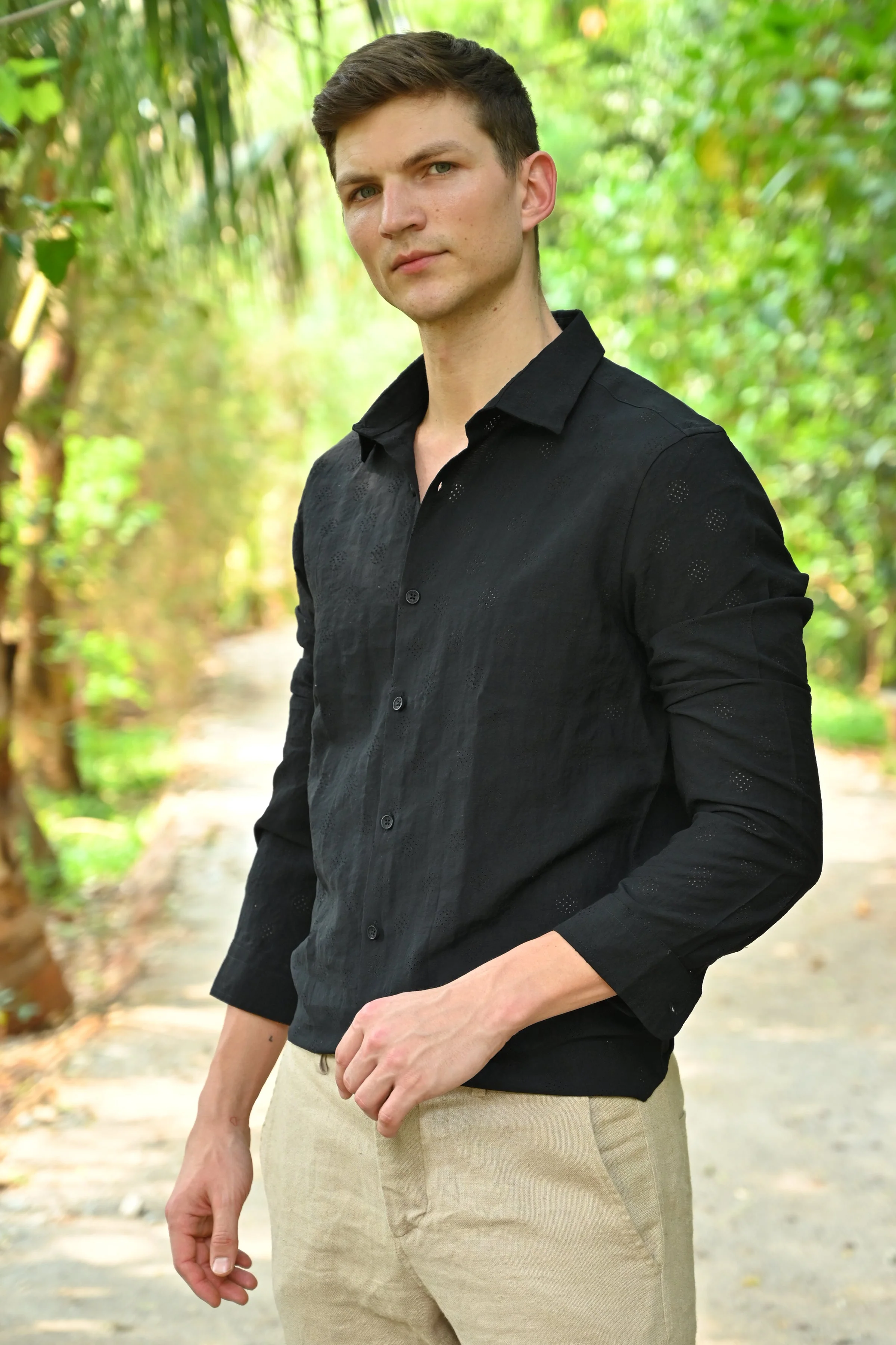 Men Ashly Cotton Blend Crotchet Shirt Black - Image 4