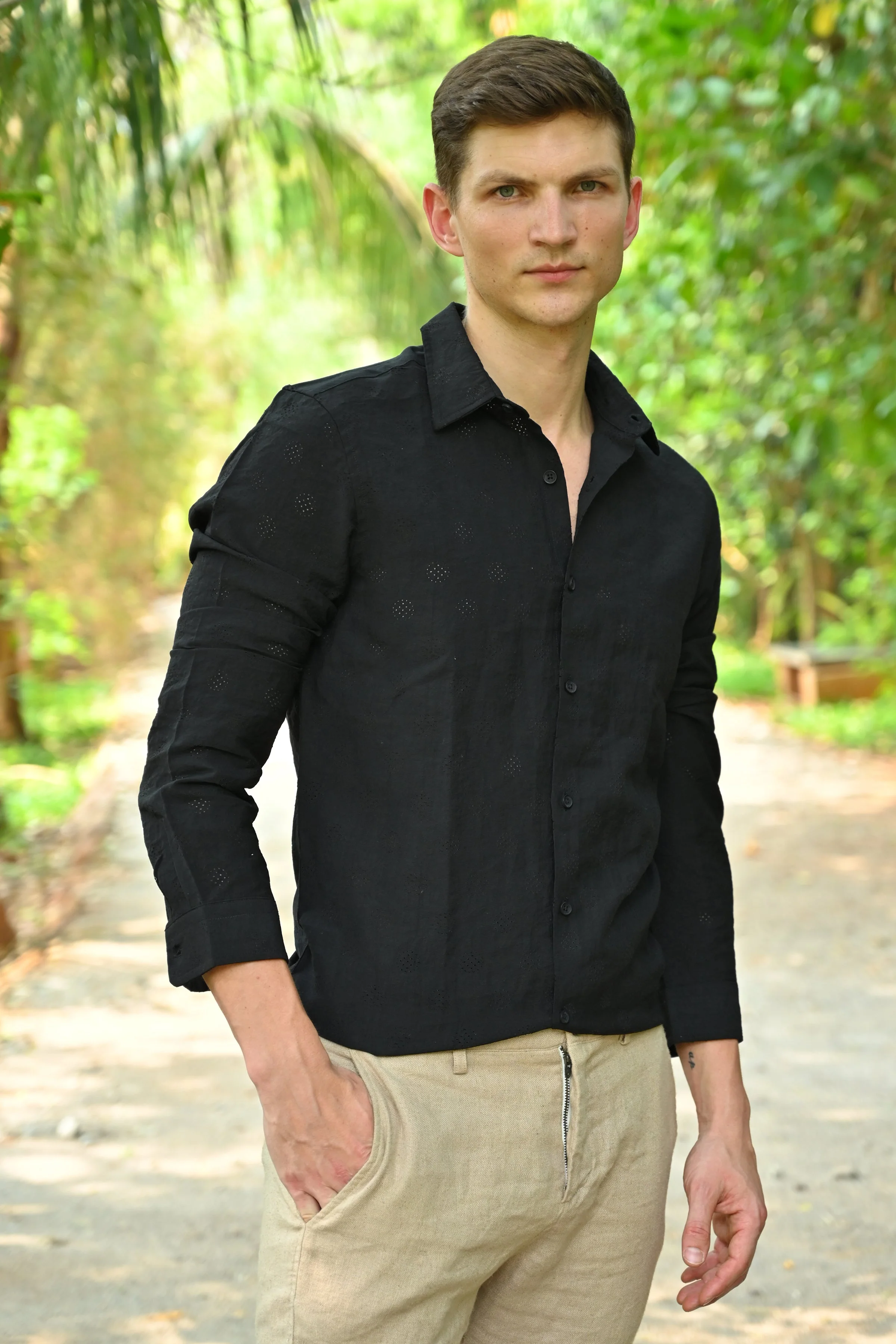 Men Ashly Cotton Blend Crotchet Shirt Black - Image 6