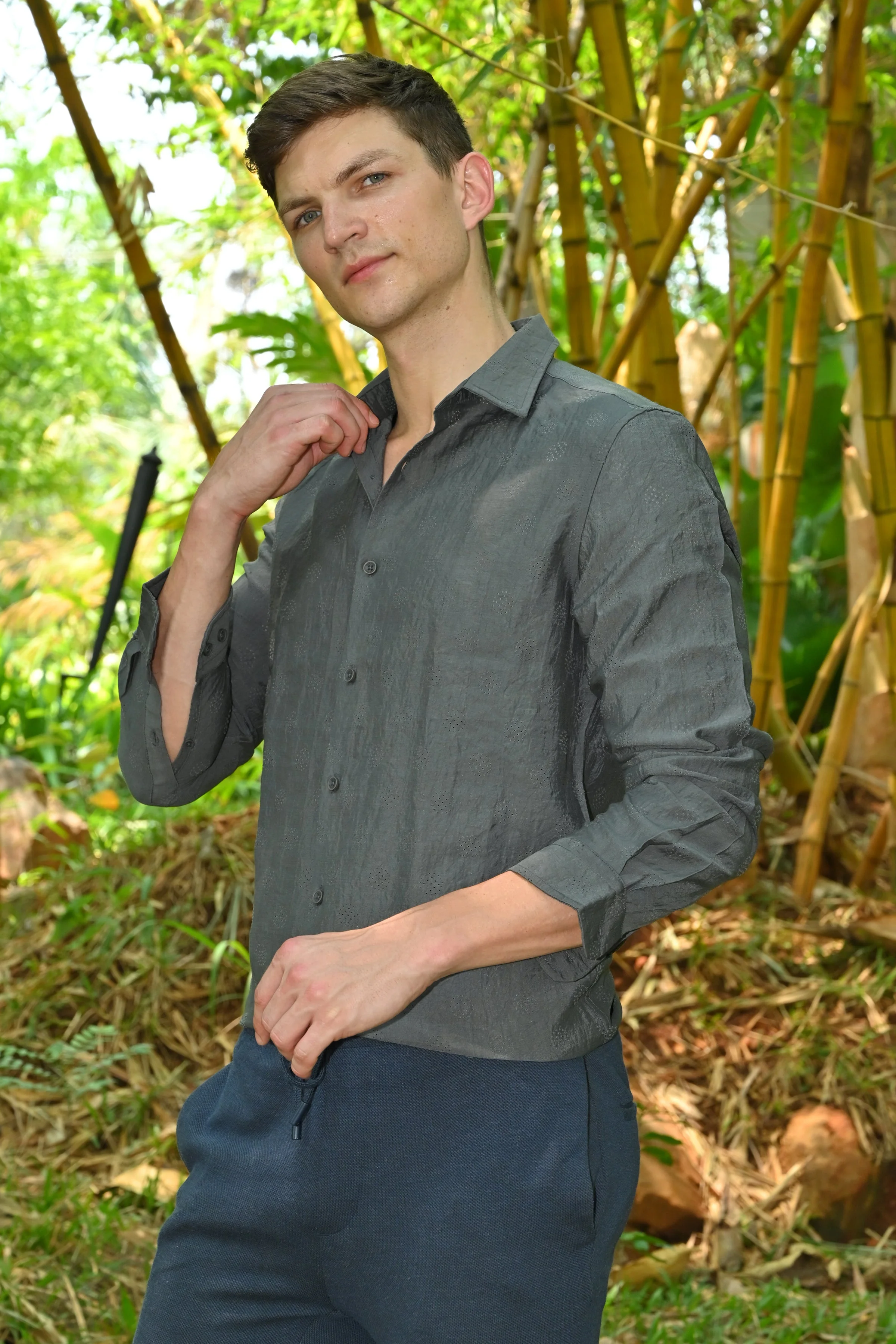 Men Ashly Cotton Blend Crotchet Shirt Olive - Image 2