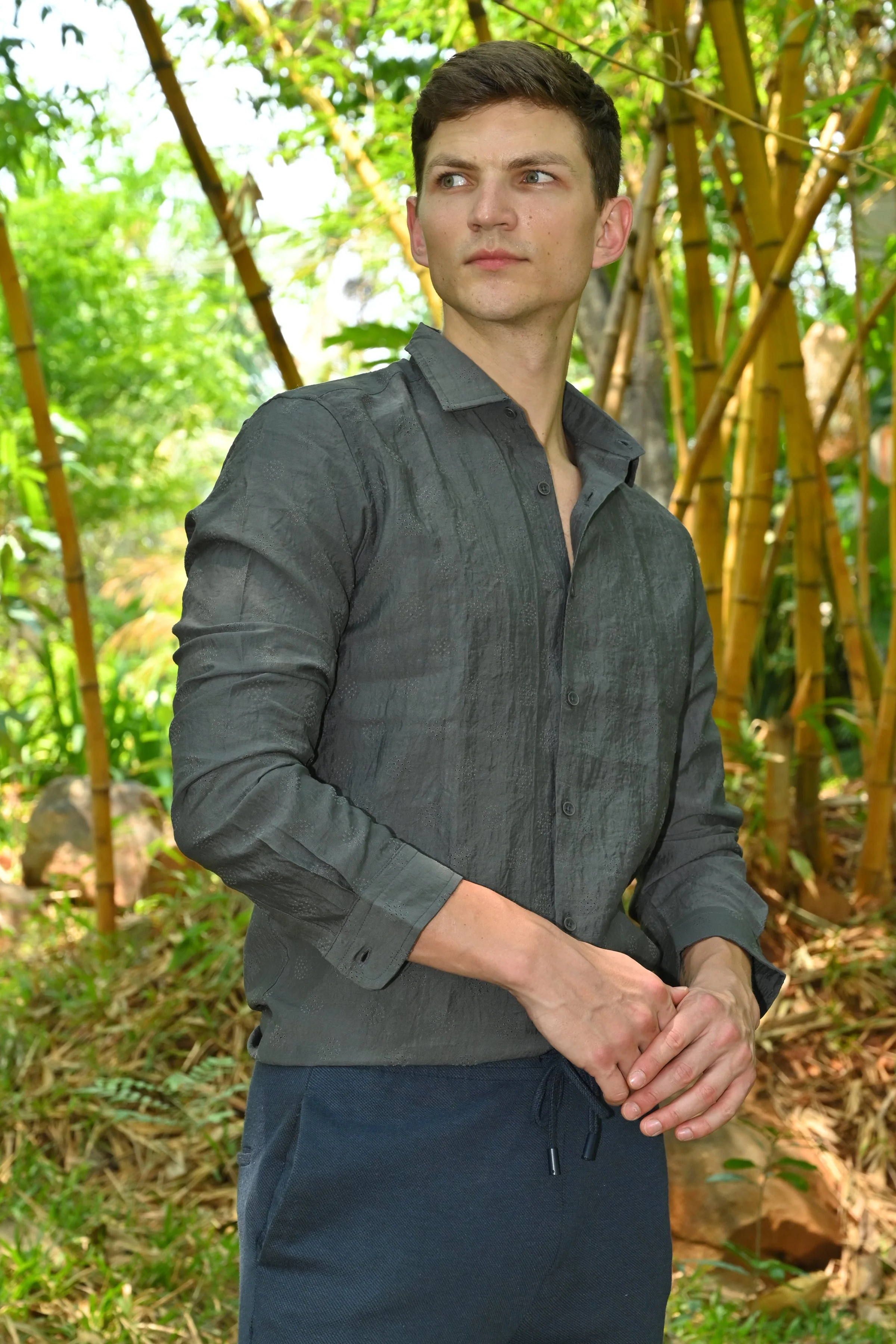 Men Ashly Cotton Blend Crotchet Shirt Olive - Image 3