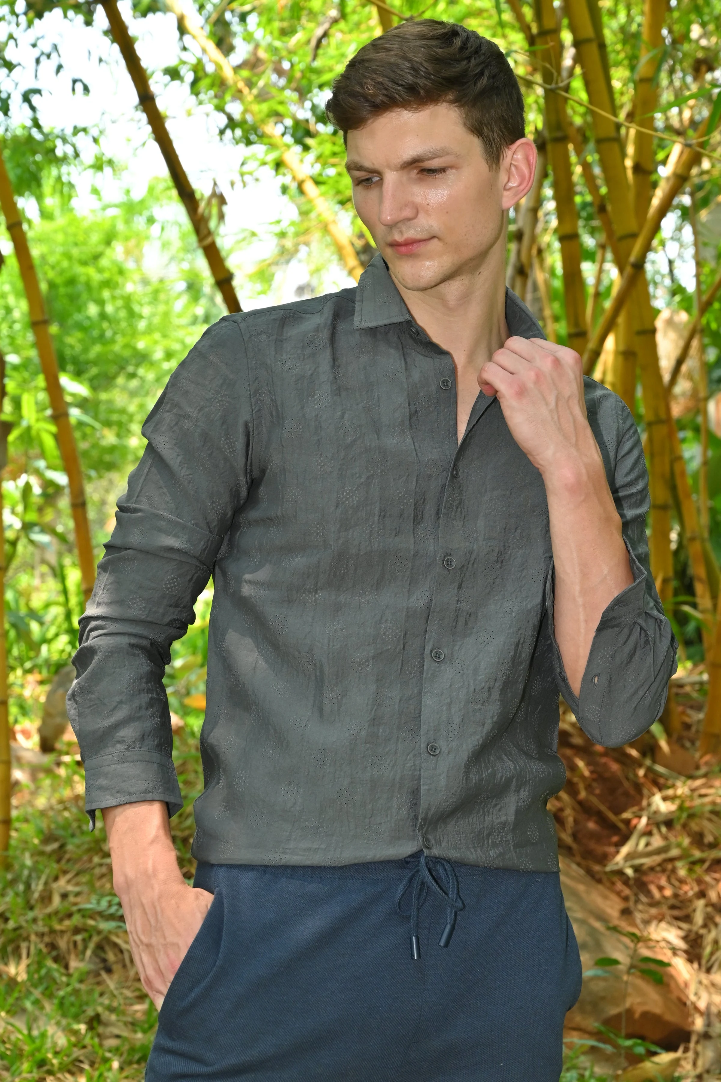 Men Ashly Cotton Blend Crotchet Shirt Olive - Image 6
