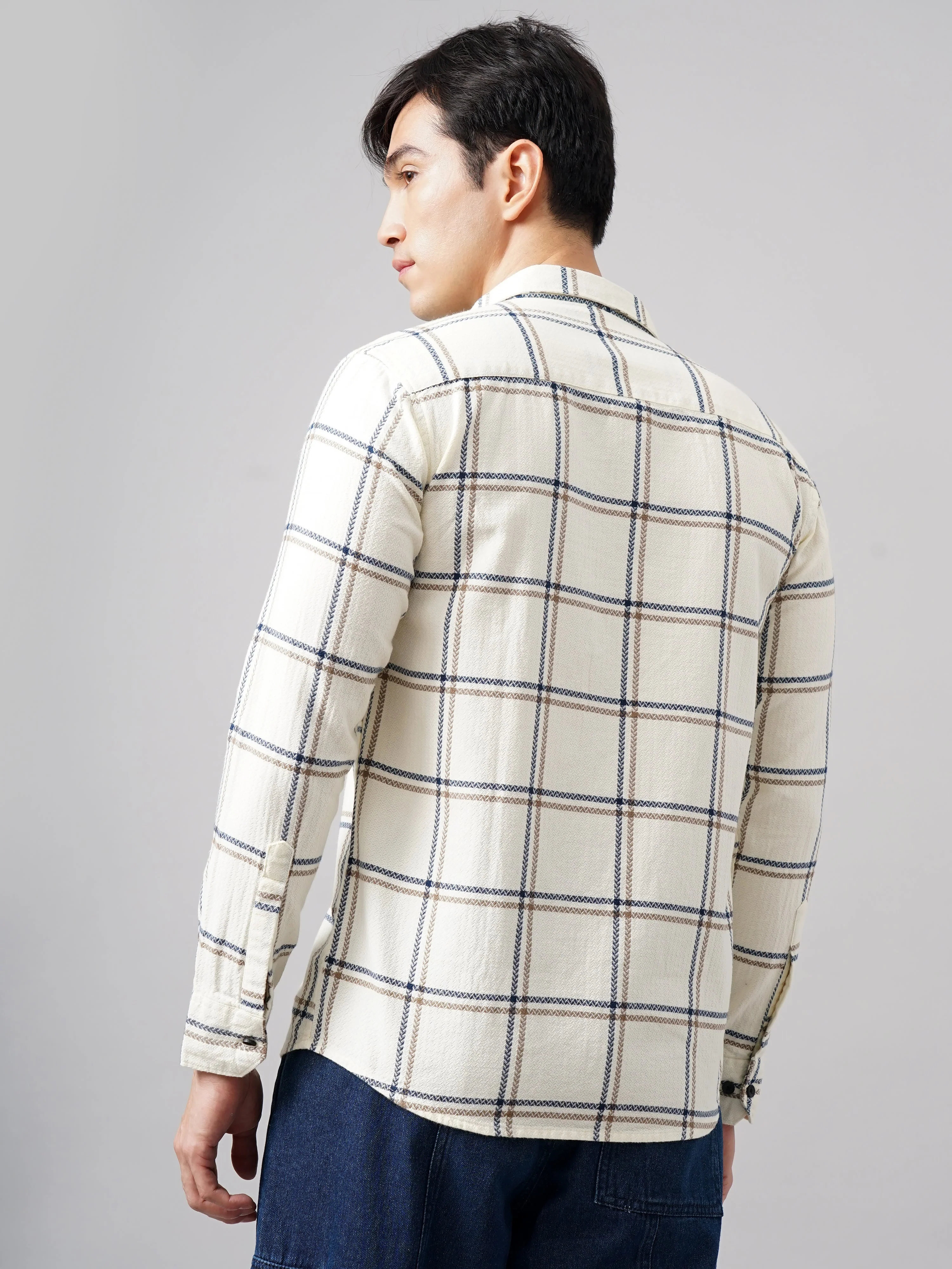 Men Aster Checks Cream Shirt - Image 2