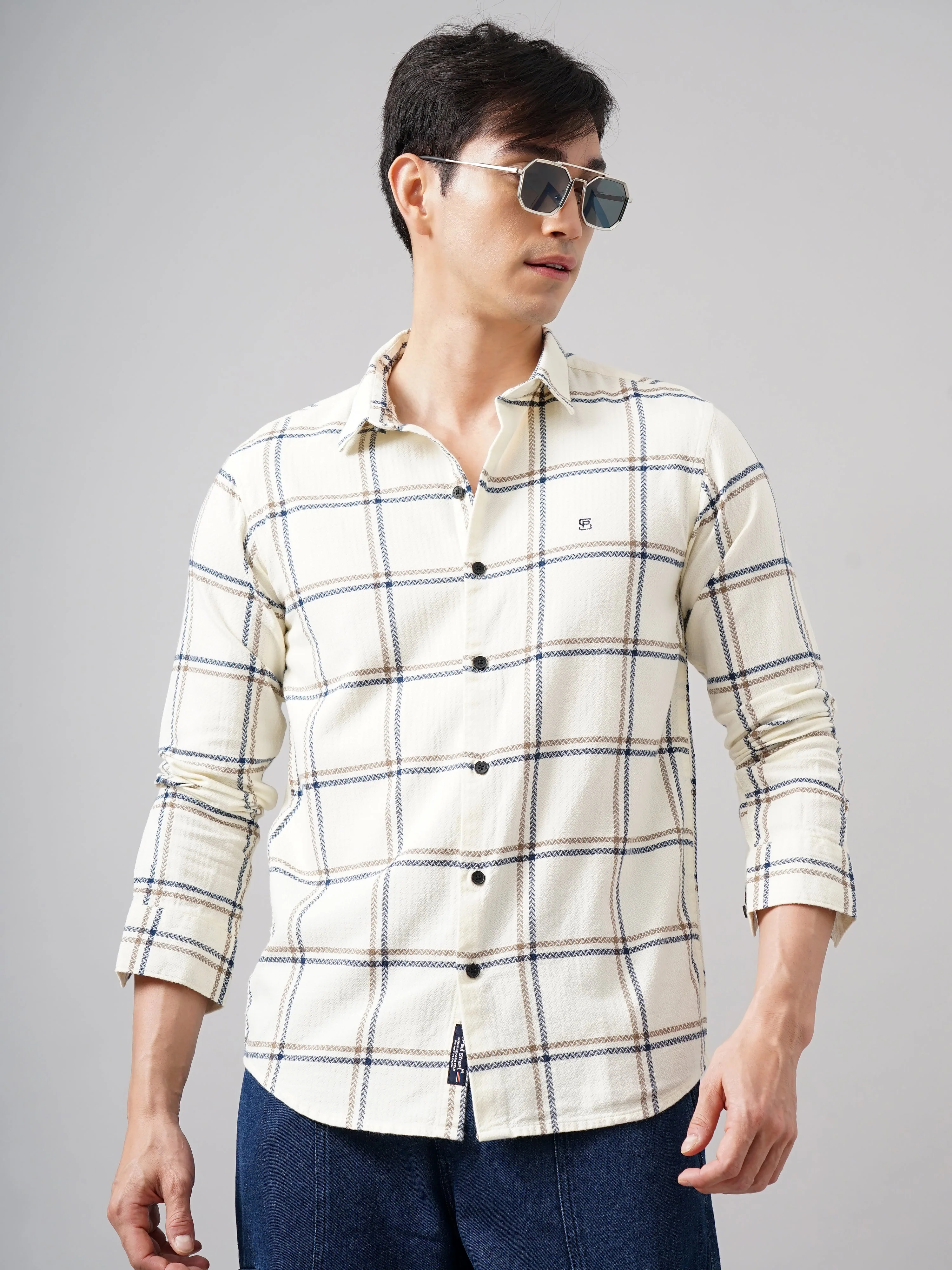 Men Aster Checks Cream Shirt - Image 3