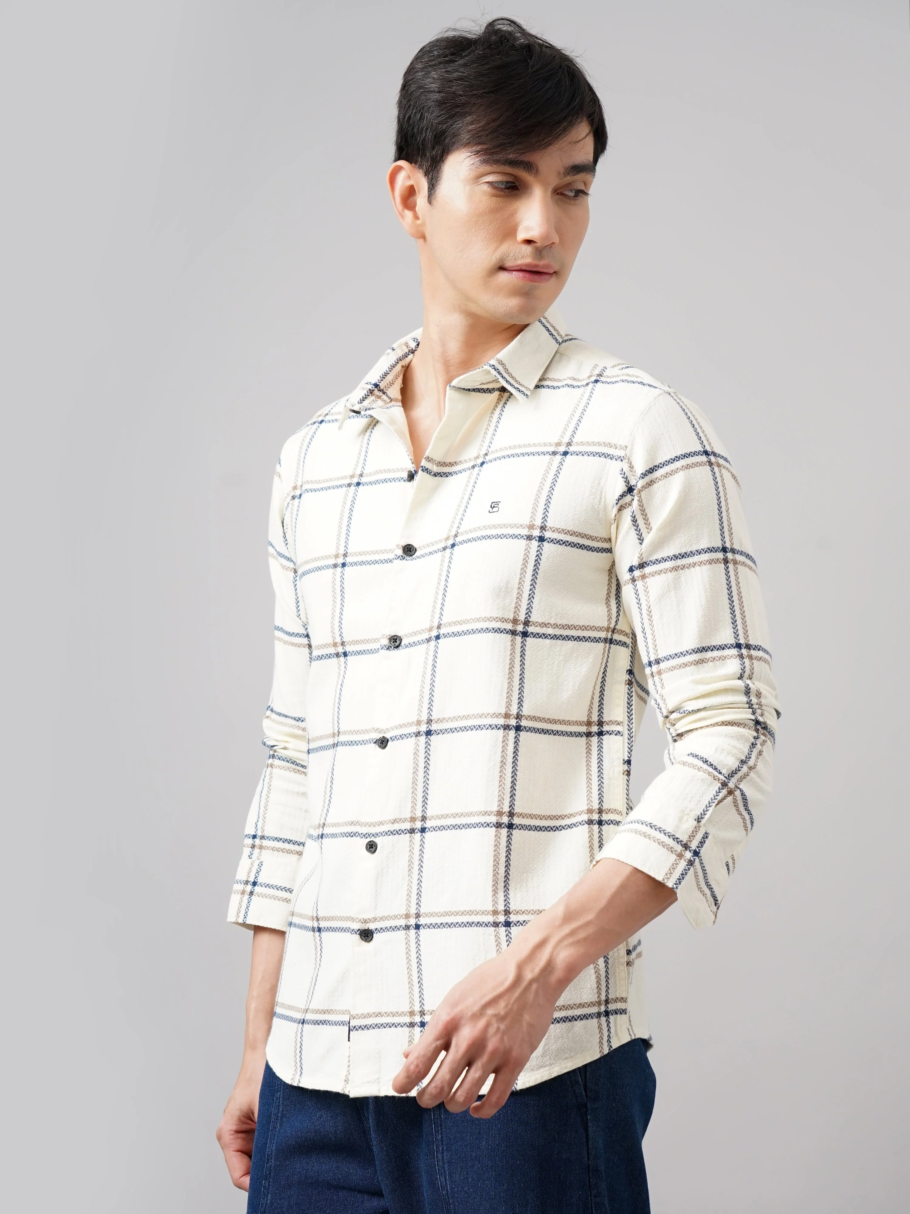 Men Aster Checks Cream Shirt - Image 5