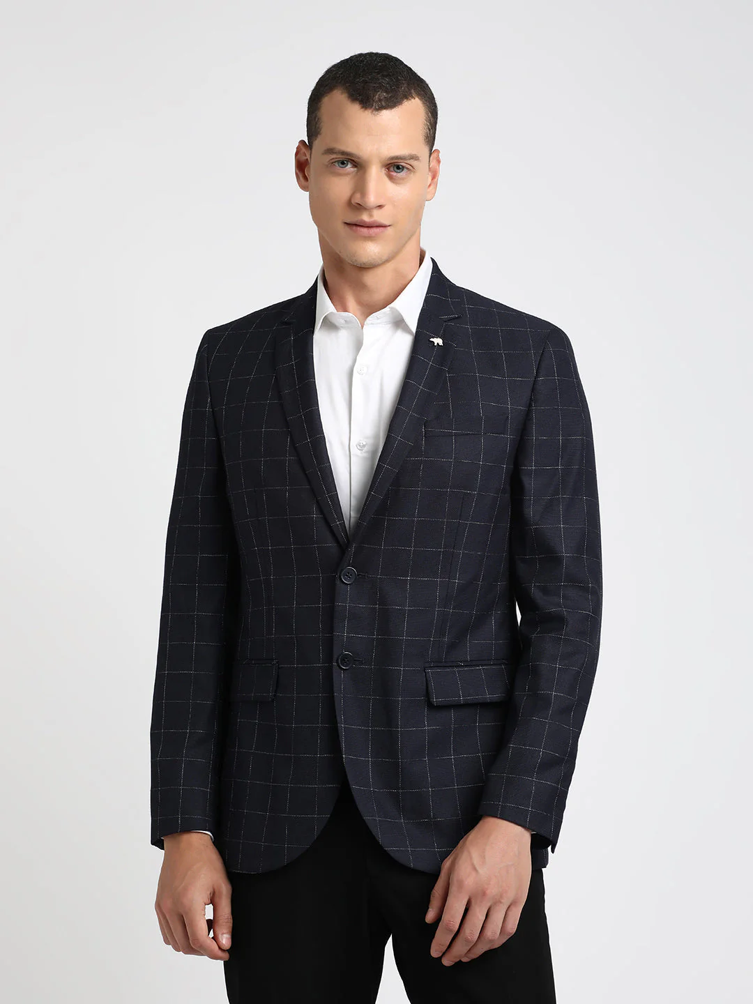 Men Aubry Blue Checked Tailored Fit Single-Breasted Formal Blazer - Image 2