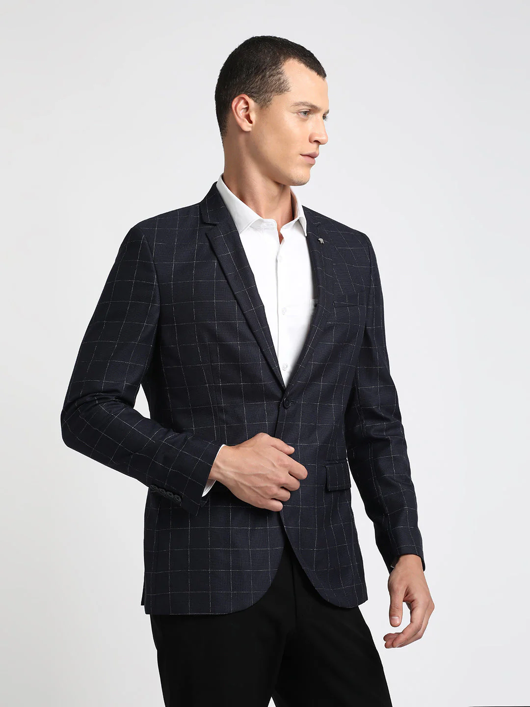 Men Aubry Blue Checked Tailored Fit Single-Breasted Formal Blazer - Image 3
