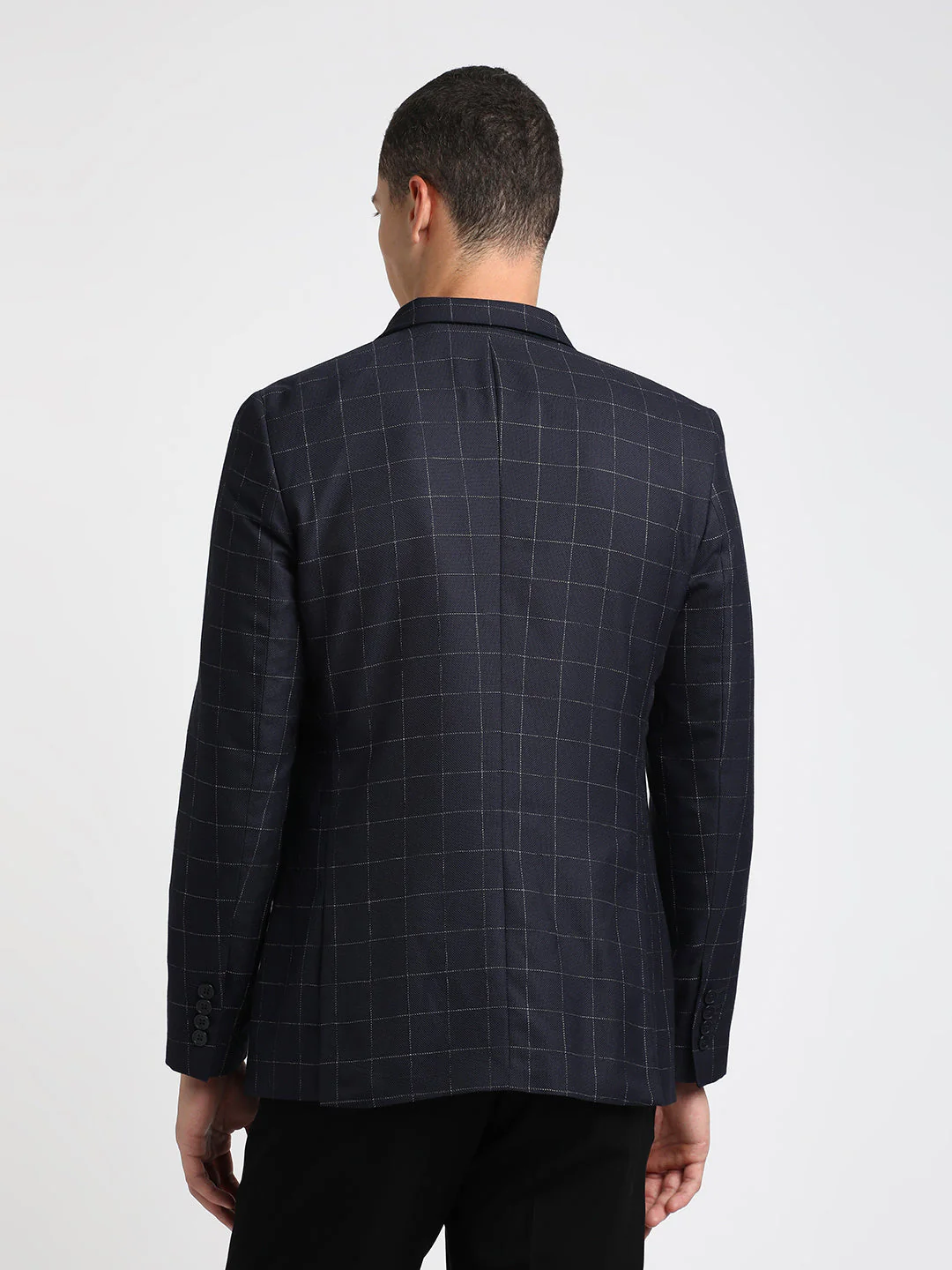 Men Aubry Blue Checked Tailored Fit Single-Breasted Formal Blazer - Image 4