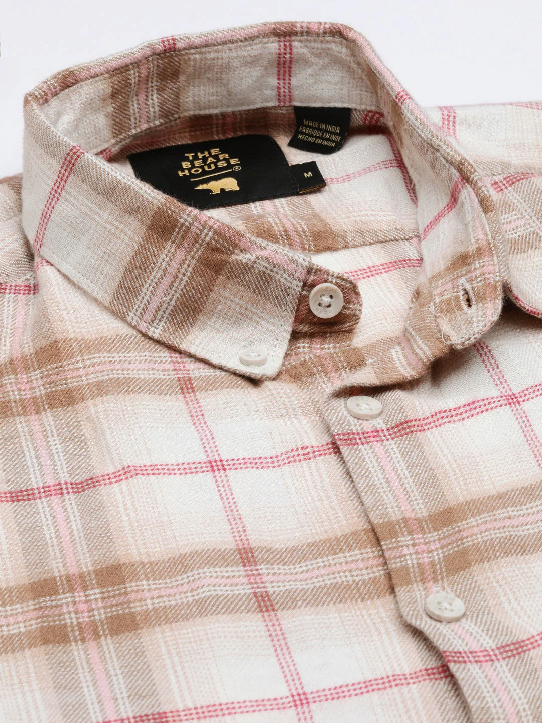 Men Auder - Cream Checked Slim Fit Flannel Cotton Casual Shirt | The Bear House - Image 2
