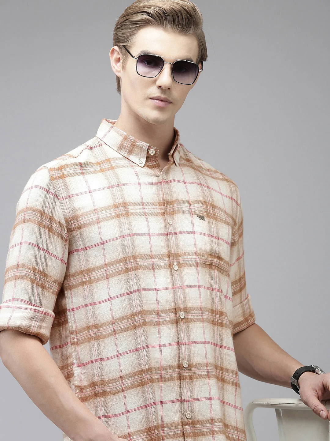 Men Auder - Cream Checked Slim Fit Flannel Cotton Casual Shirt | The Bear House - Image 4