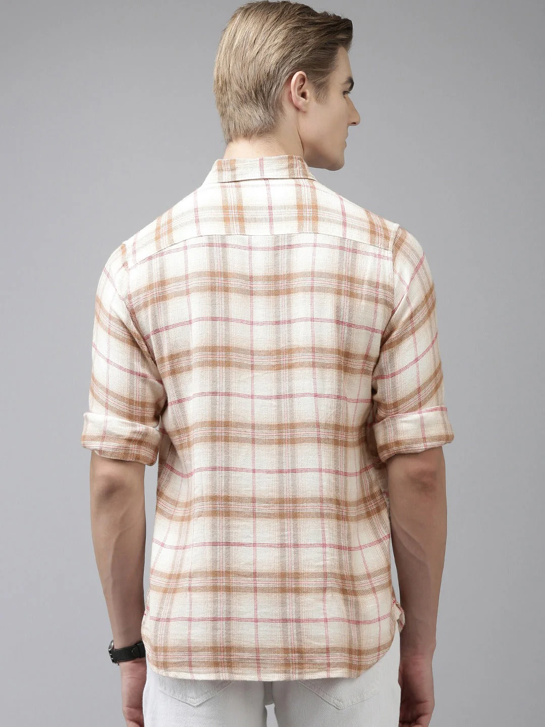 Men Auder - Cream Checked Slim Fit Flannel Cotton Casual Shirt | The Bear House - Image 5