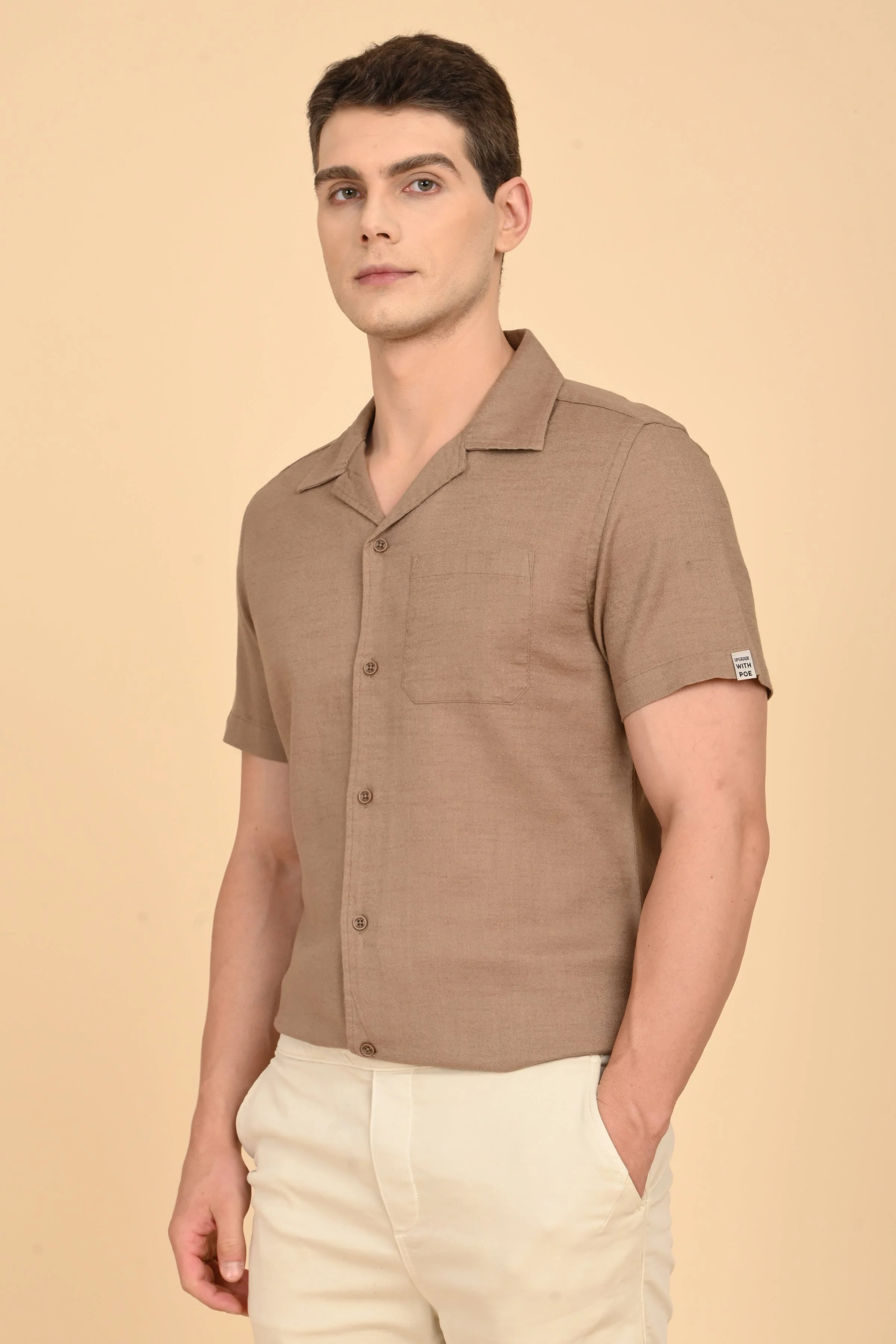 Men Aurelia Cotton Crape Solid Shirt Khaki - Image 2