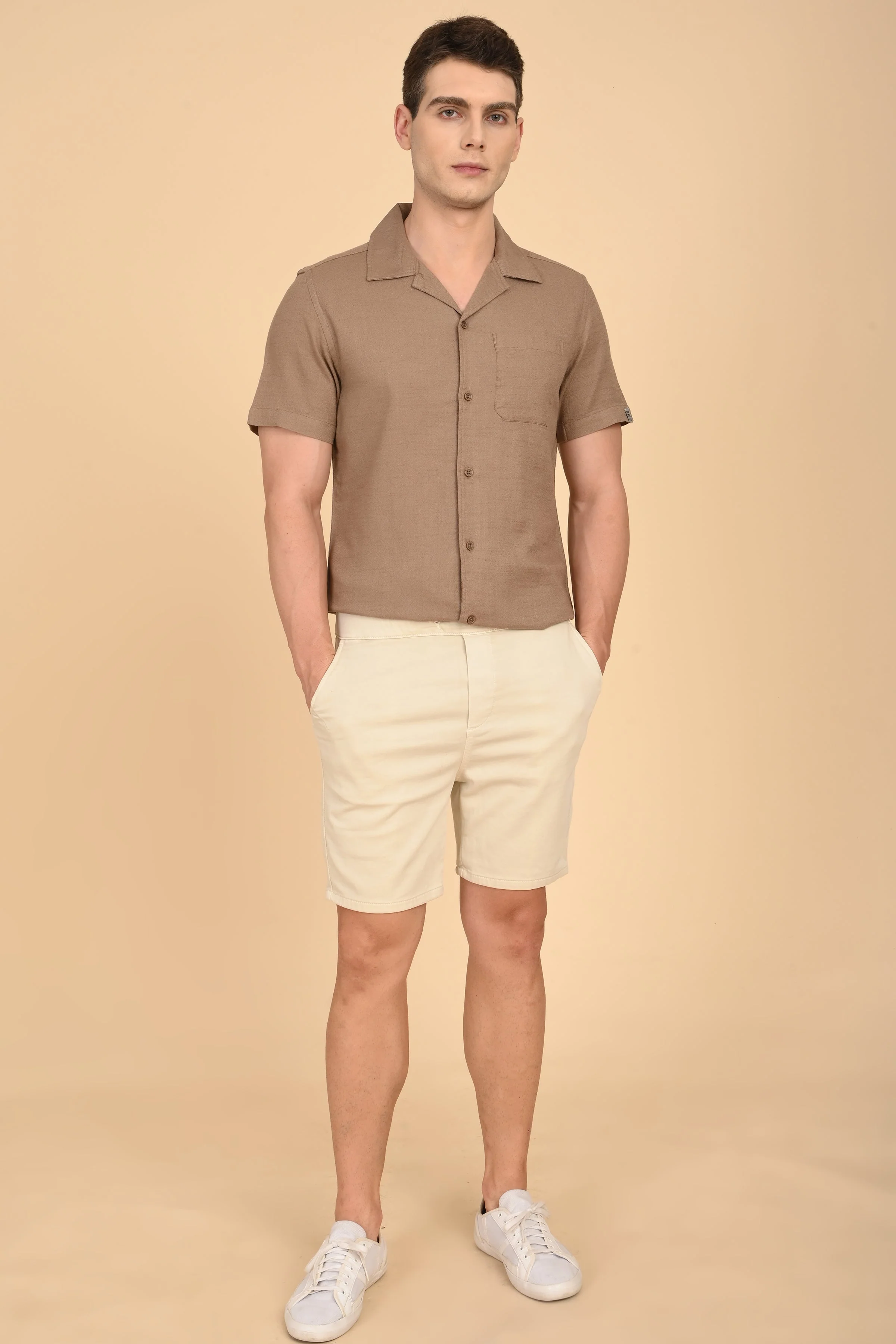 Men Aurelia Cotton Crape Solid Shirt Khaki - Image 4