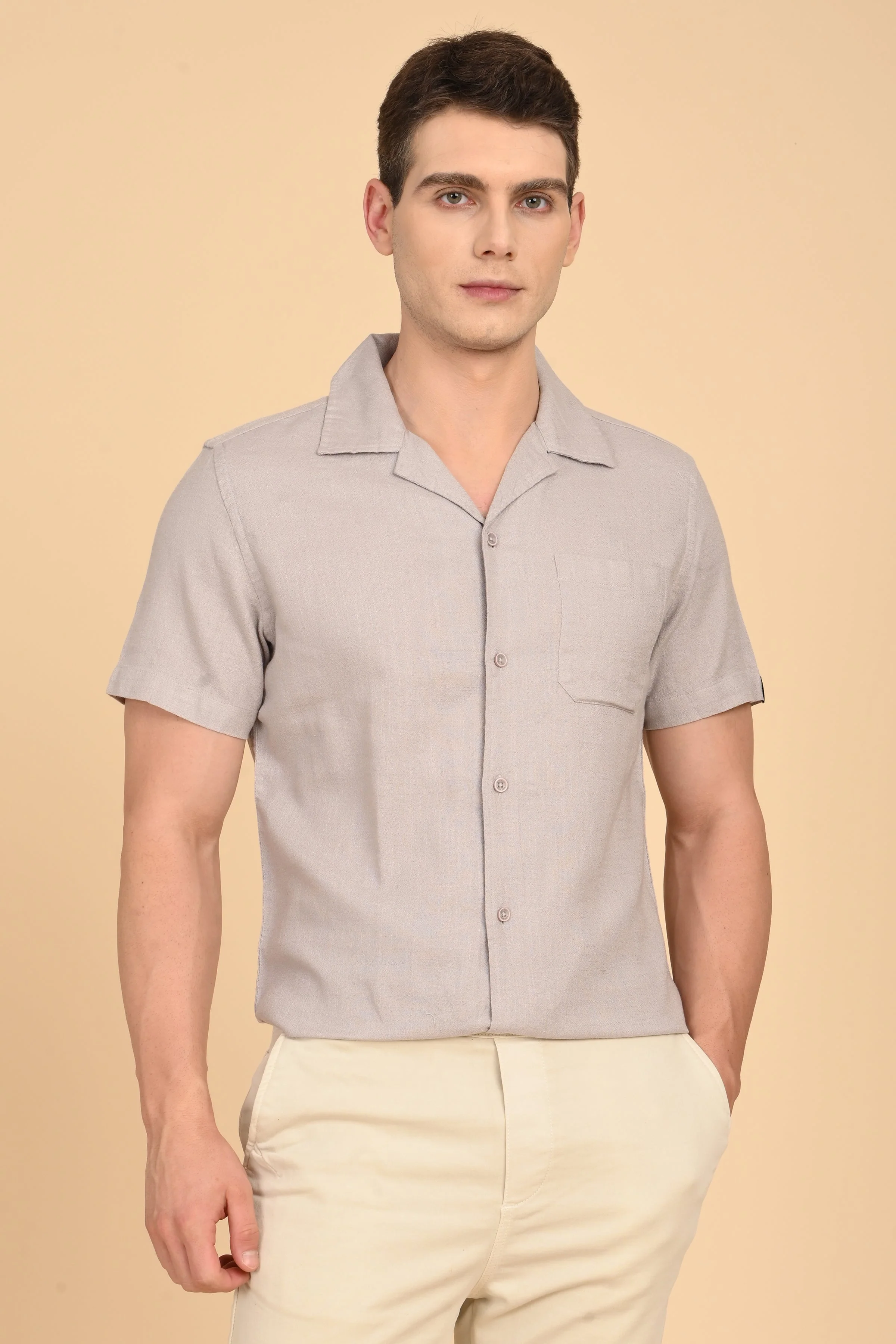 Men Aurelia Cotton Crape Solid Shirt Lt Grey - Image 3