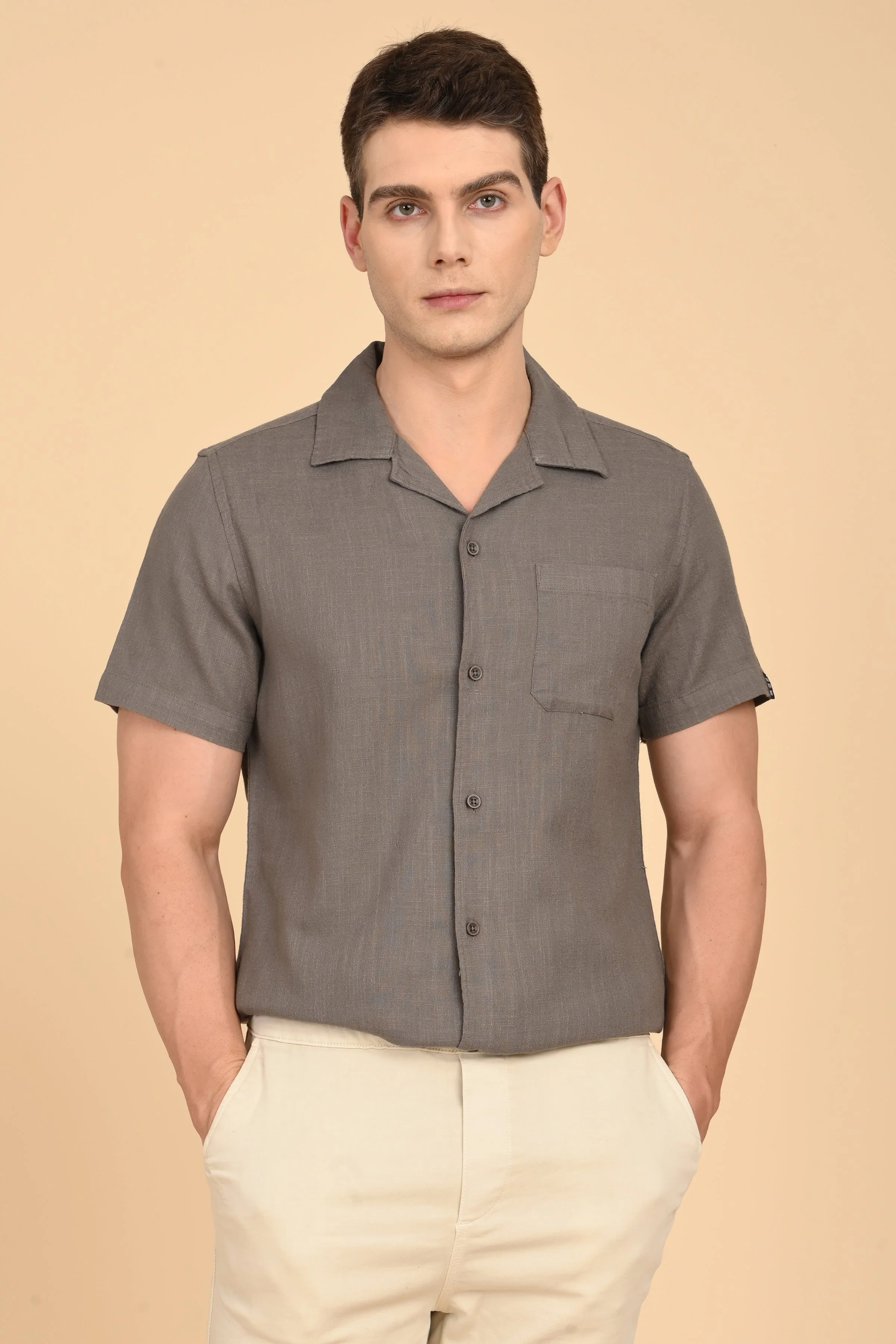 Men Aurelia Cotton Crape Solid Shirt Olive - Image 3