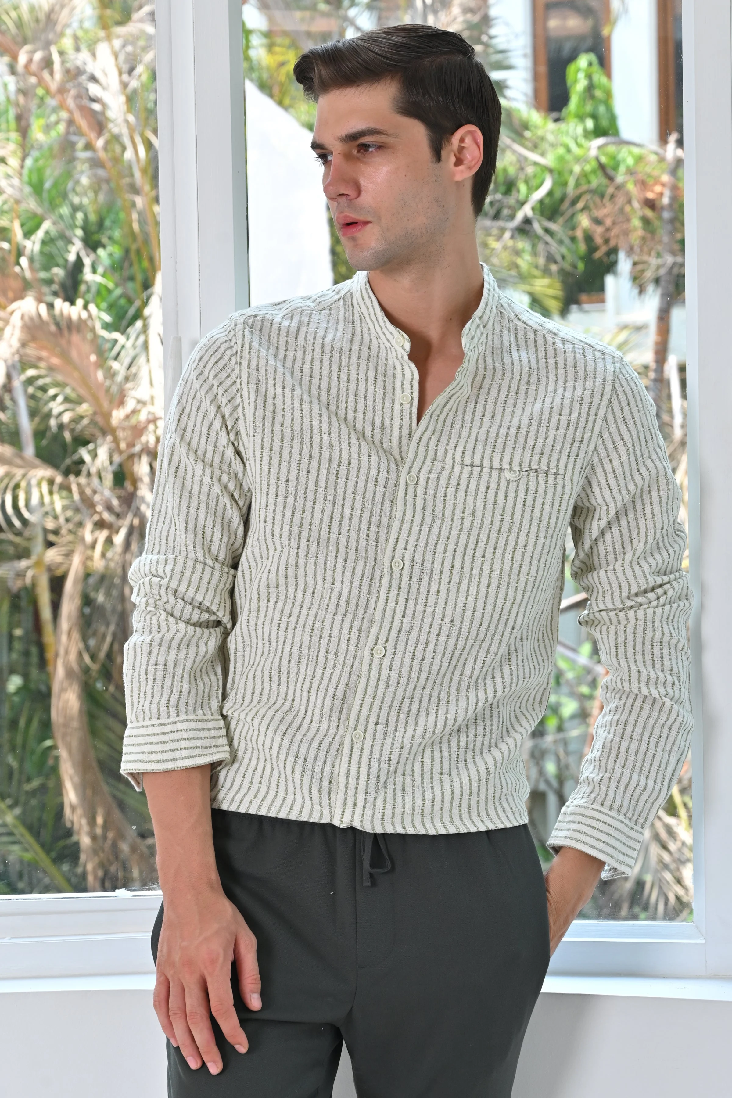 Men Avery Dobby Striped Shirt Green - Image 4