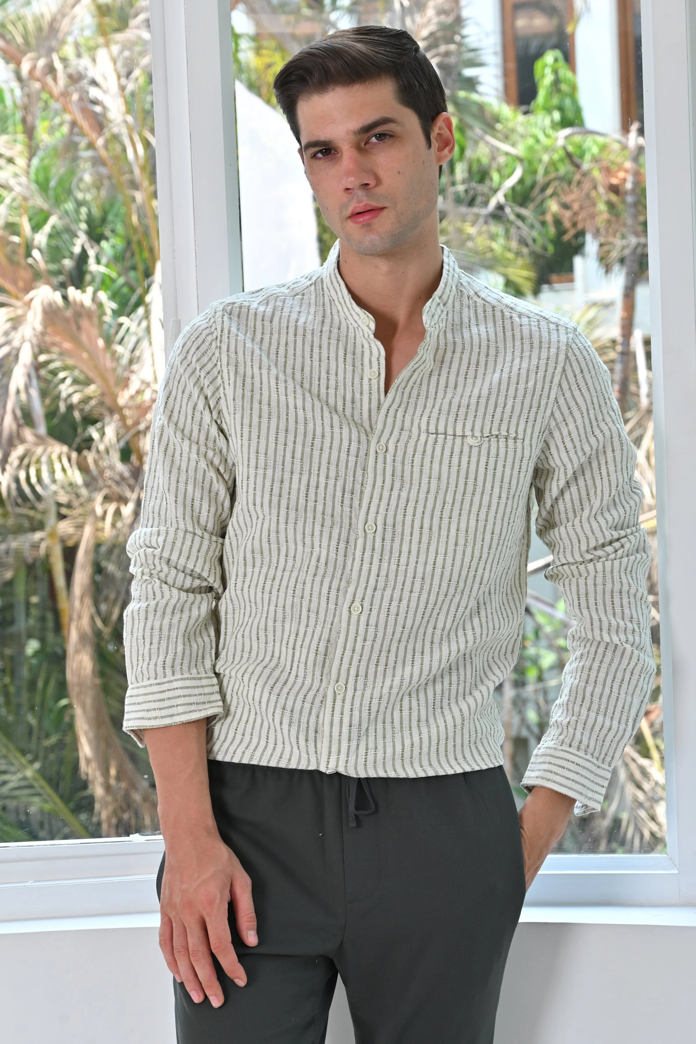 Men Avery Dobby Striped Shirt Green - Image 5