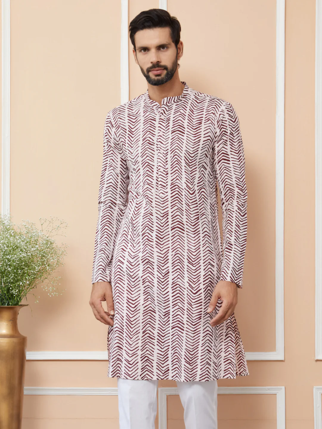 Men Baby Pink-Brown Printed Pure Cotton Straight Kurta