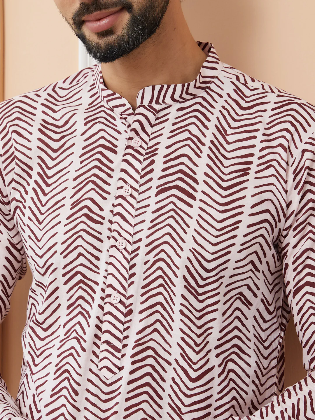 Men Baby Pink-Brown Printed Pure Cotton Straight Kurta - Image 2