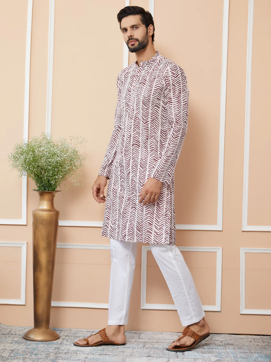 Men Baby Pink-Brown Printed Pure Cotton Straight Kurta - Image 3
