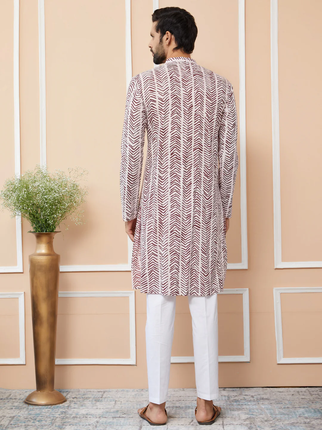 Men Baby Pink-Brown Printed Pure Cotton Straight Kurta - Image 4