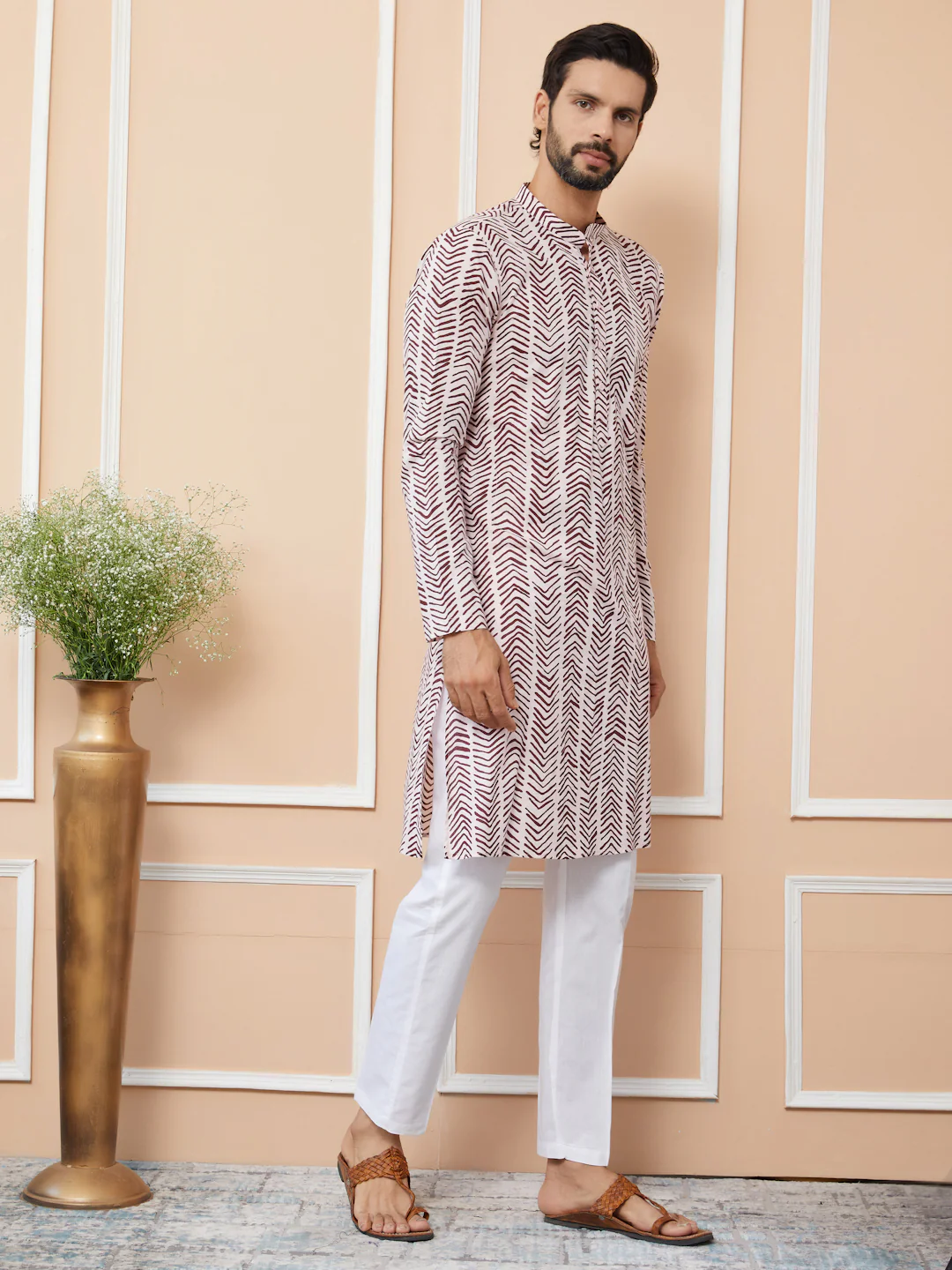 Men Baby Pink-Brown Printed Pure Cotton Straight Kurta - Image 5