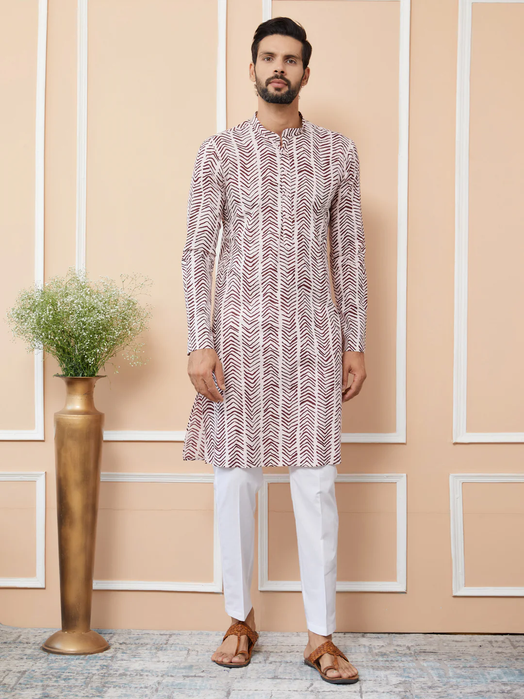 Men Baby Pink-Brown Printed Pure Cotton Straight Kurta - Image 6