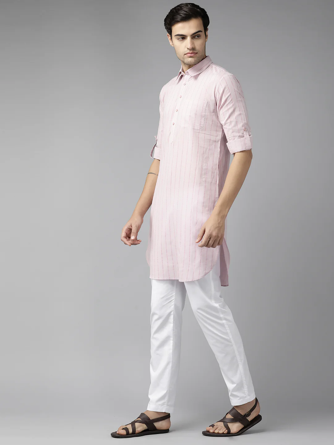 Men Baby Pink Regular Pure Cotton Pathani Printed Men'S Kurta - Image 4