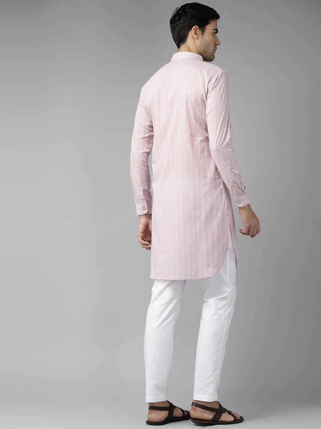 Men Baby Pink Regular Pure Cotton Pathani Printed Men'S Kurta - Image 5