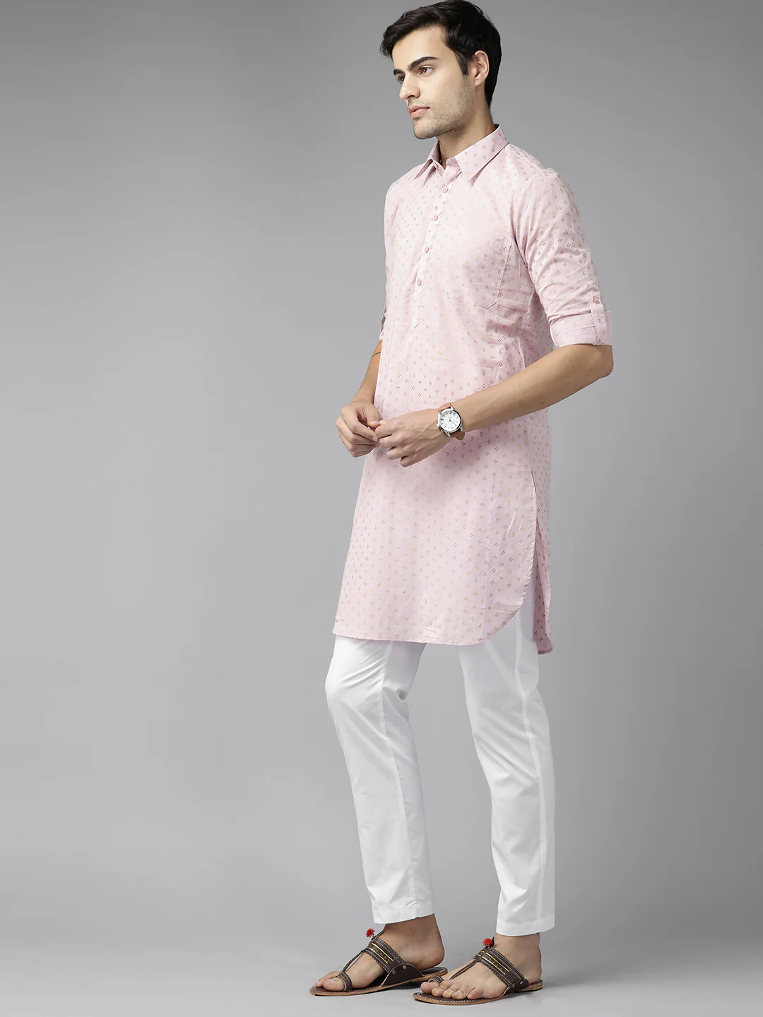 Men Baby Pink Regular Pure Cotton Pathani Printed Men'S Kurta - Image 3