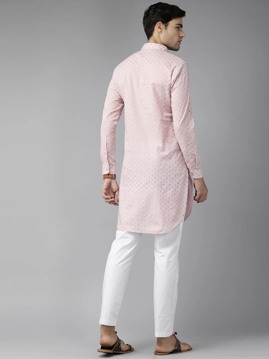 Men Baby Pink Regular Pure Cotton Pathani Printed Men'S Kurta - Image 4