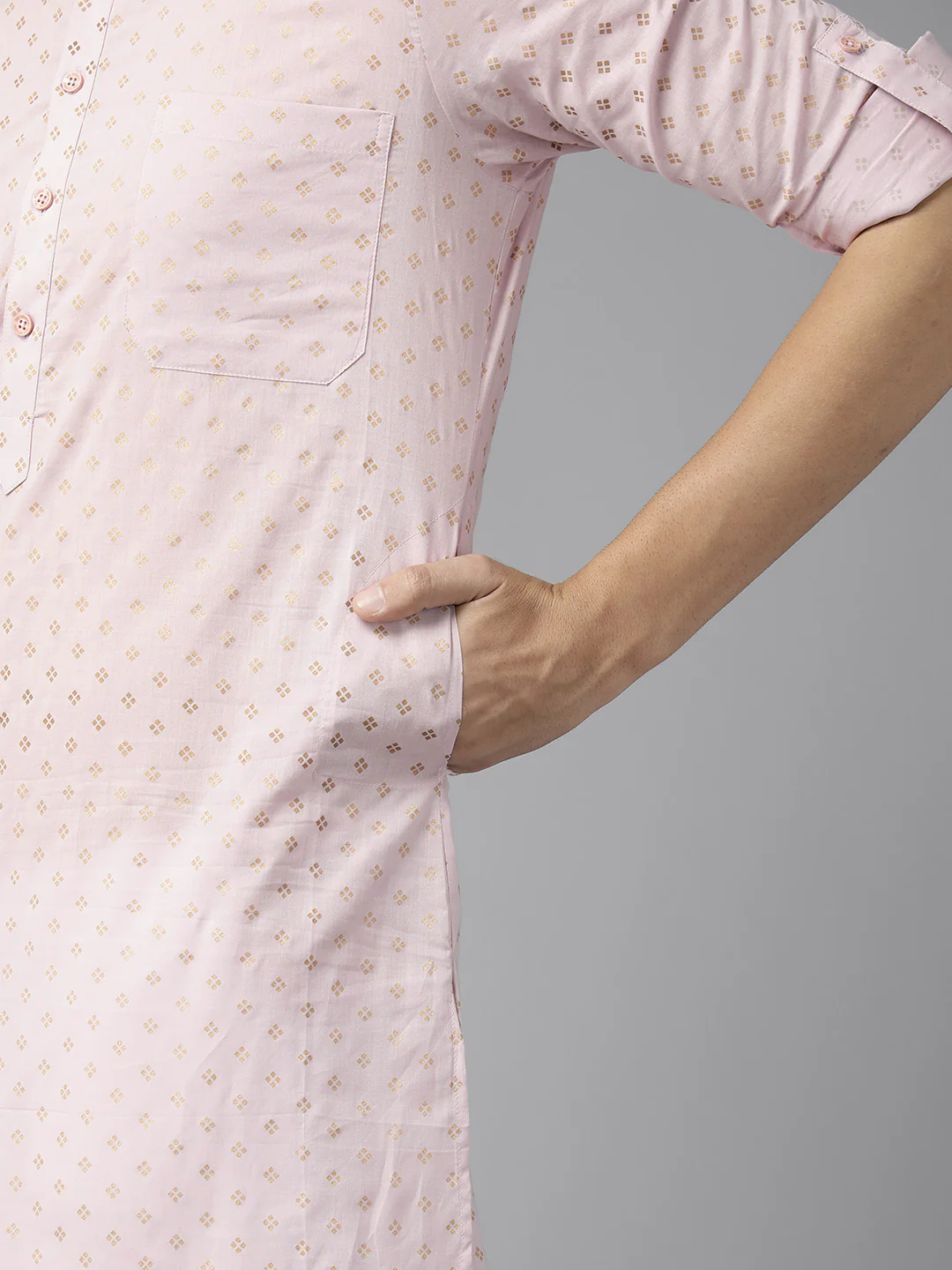 Men Baby Pink Regular Pure Cotton Pathani Printed Men'S Kurta - Image 5
