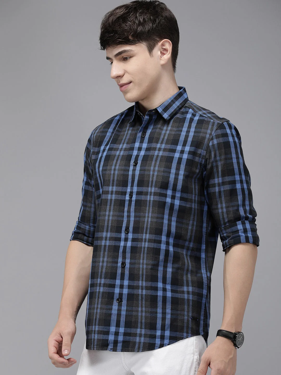 Men Banos - Blue Checked Slim Fit Cotton Casual Shirt | The Bear House - Image 5