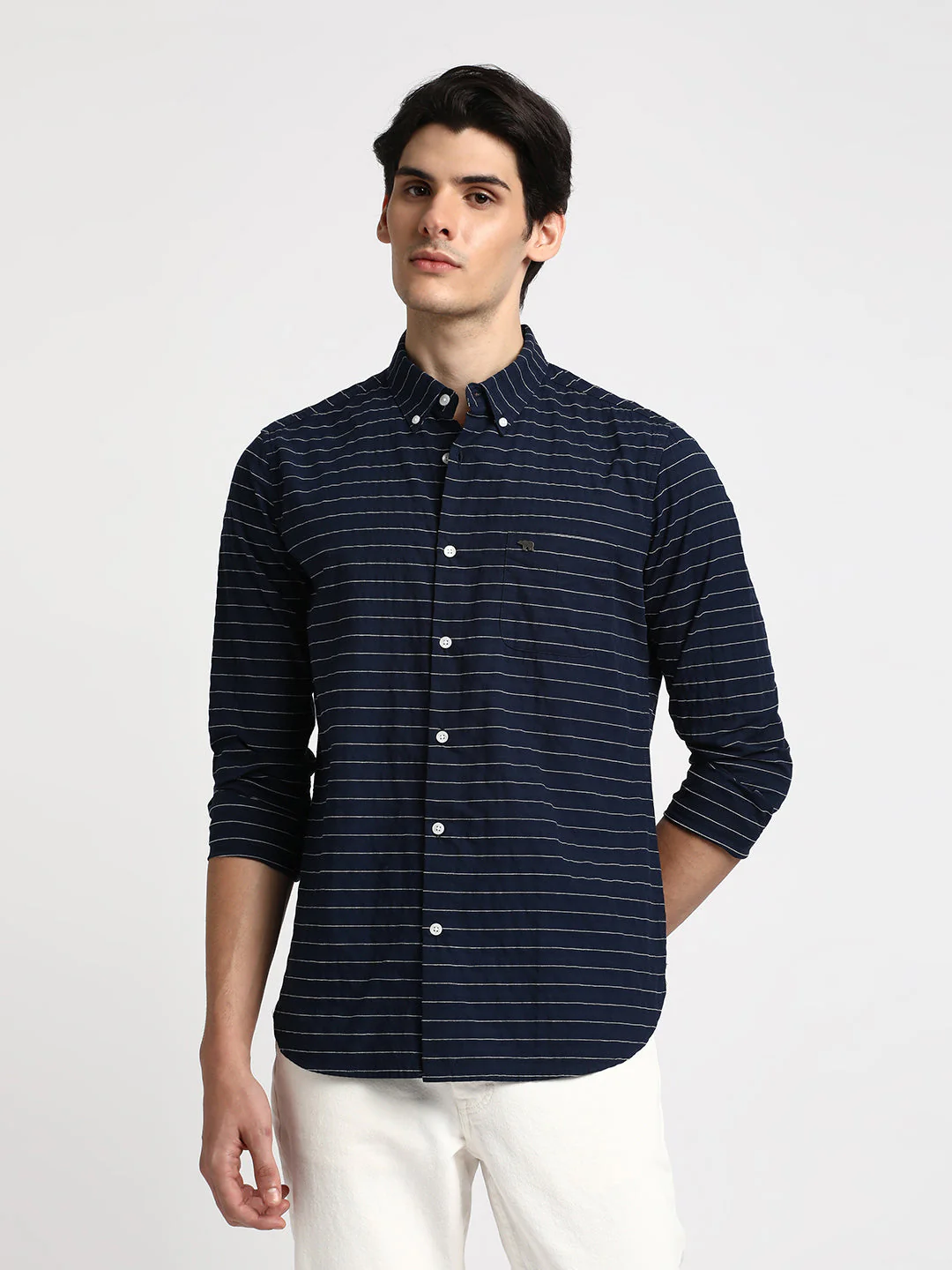 Men Bean Blue Striped Slim Fit Cotton Casual Shirt - Image 2
