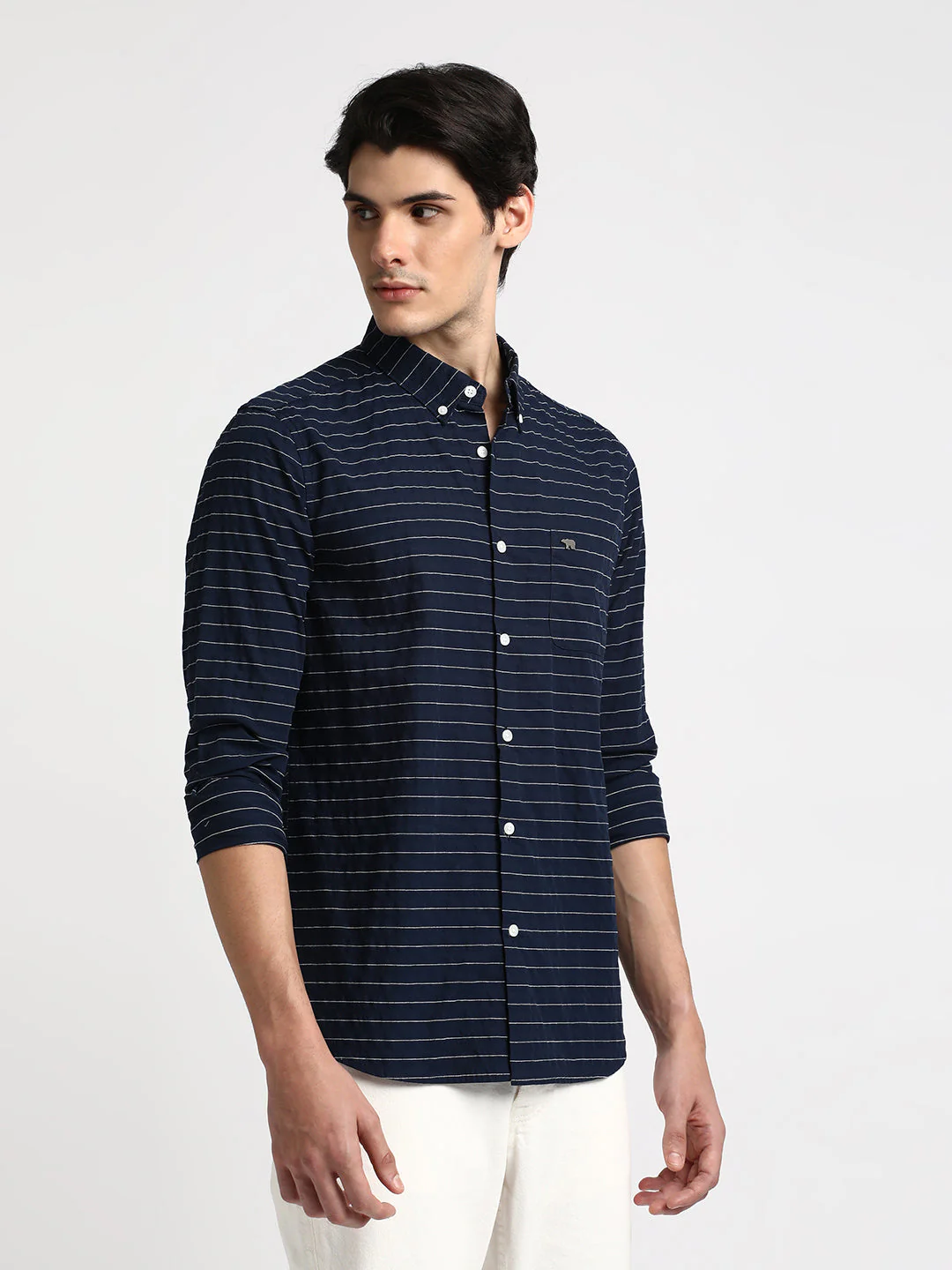 Men Bean Blue Striped Slim Fit Cotton Casual Shirt - Image 3