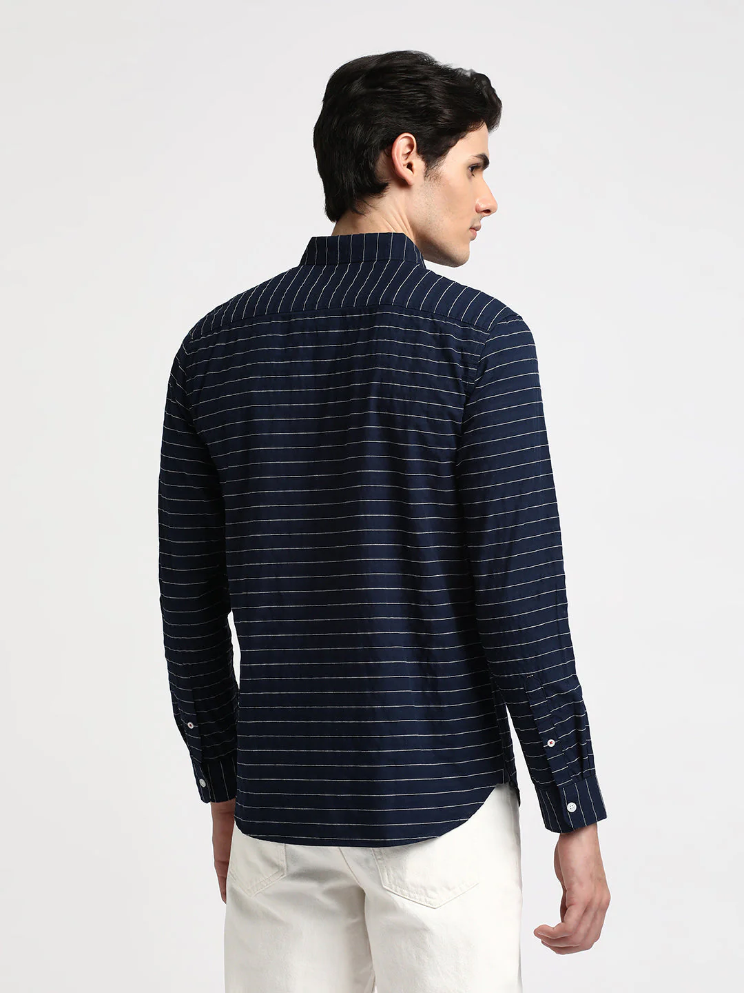 Men Bean Blue Striped Slim Fit Cotton Casual Shirt - Image 4