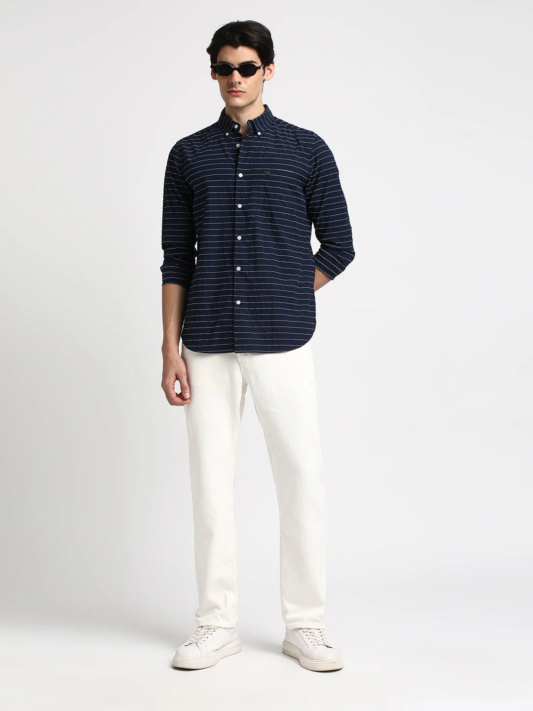Men Bean Blue Striped Slim Fit Cotton Casual Shirt - Image 5