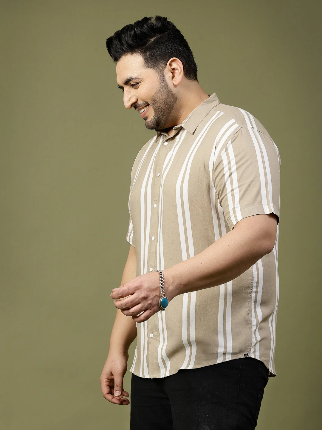 Men Beige Striped Shirt - Image 2