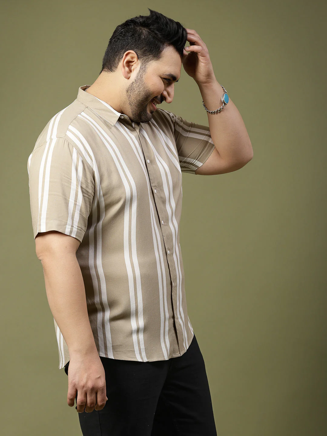 Men Beige Striped Shirt - Image 3