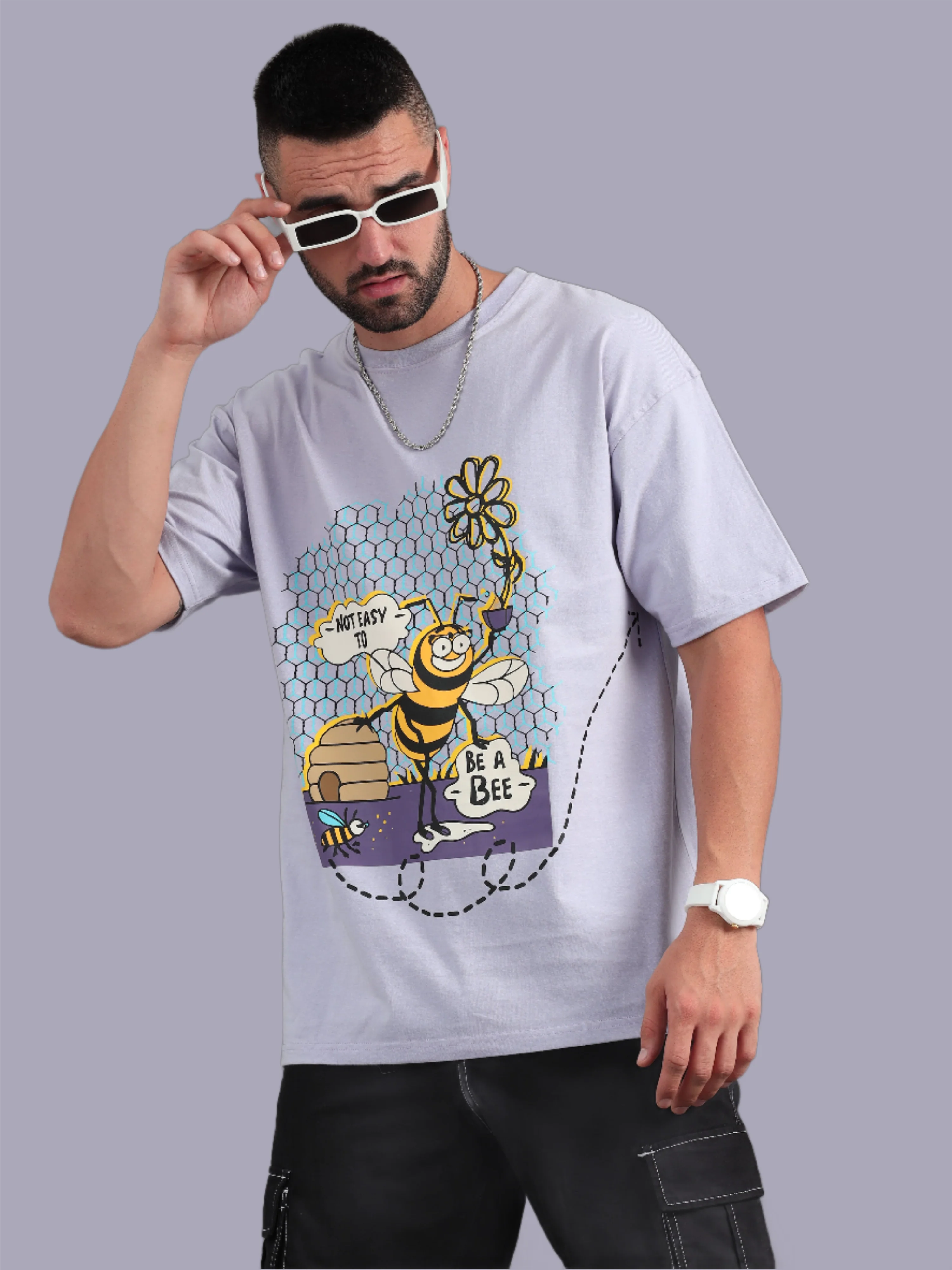 Men Bee Happy Lavender Oversized T-Shirt