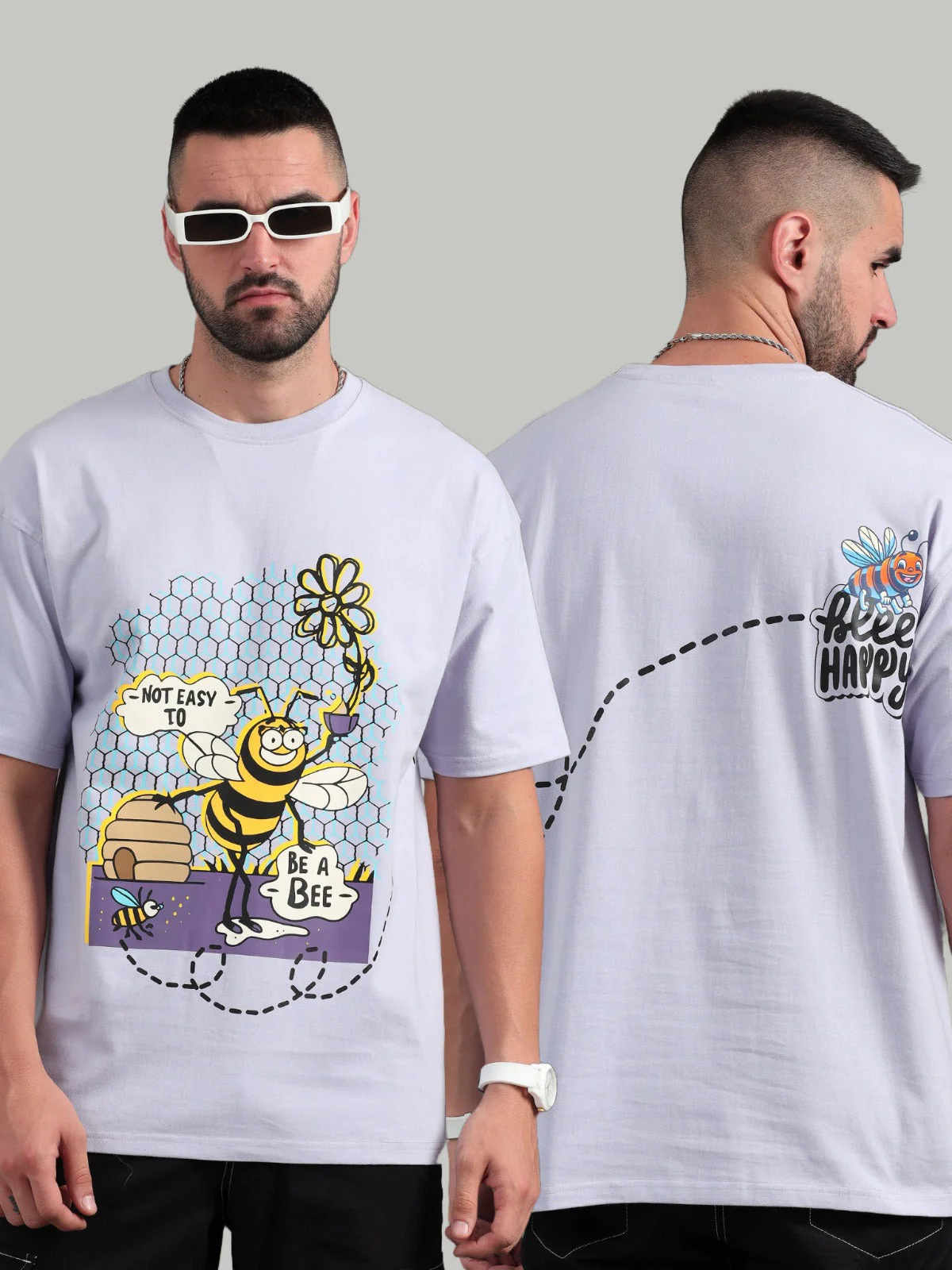 Men Bee Happy Lavender Oversized T-Shirt - Image 2