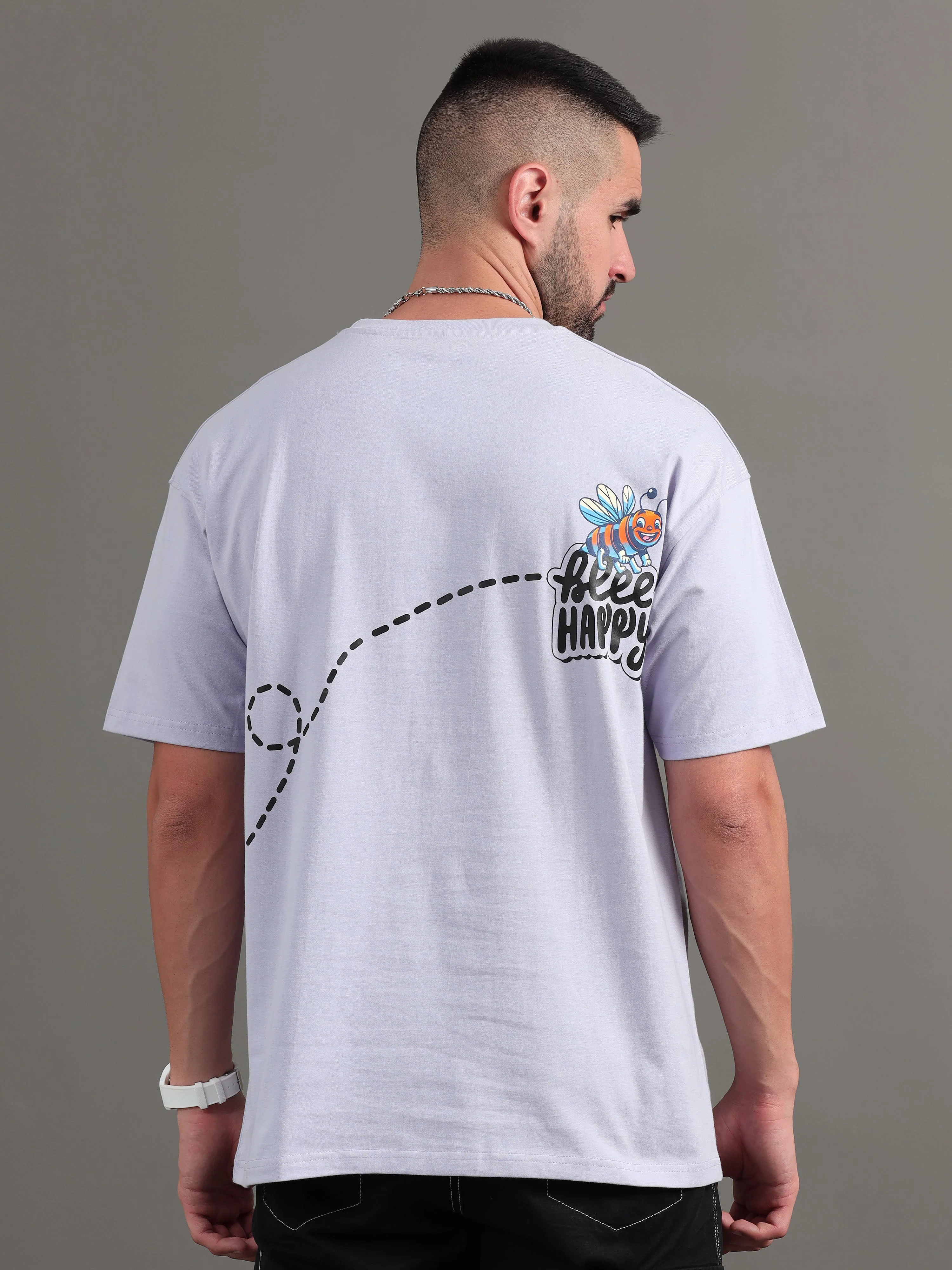 Men Bee Happy Lavender Oversized T-Shirt - Image 3