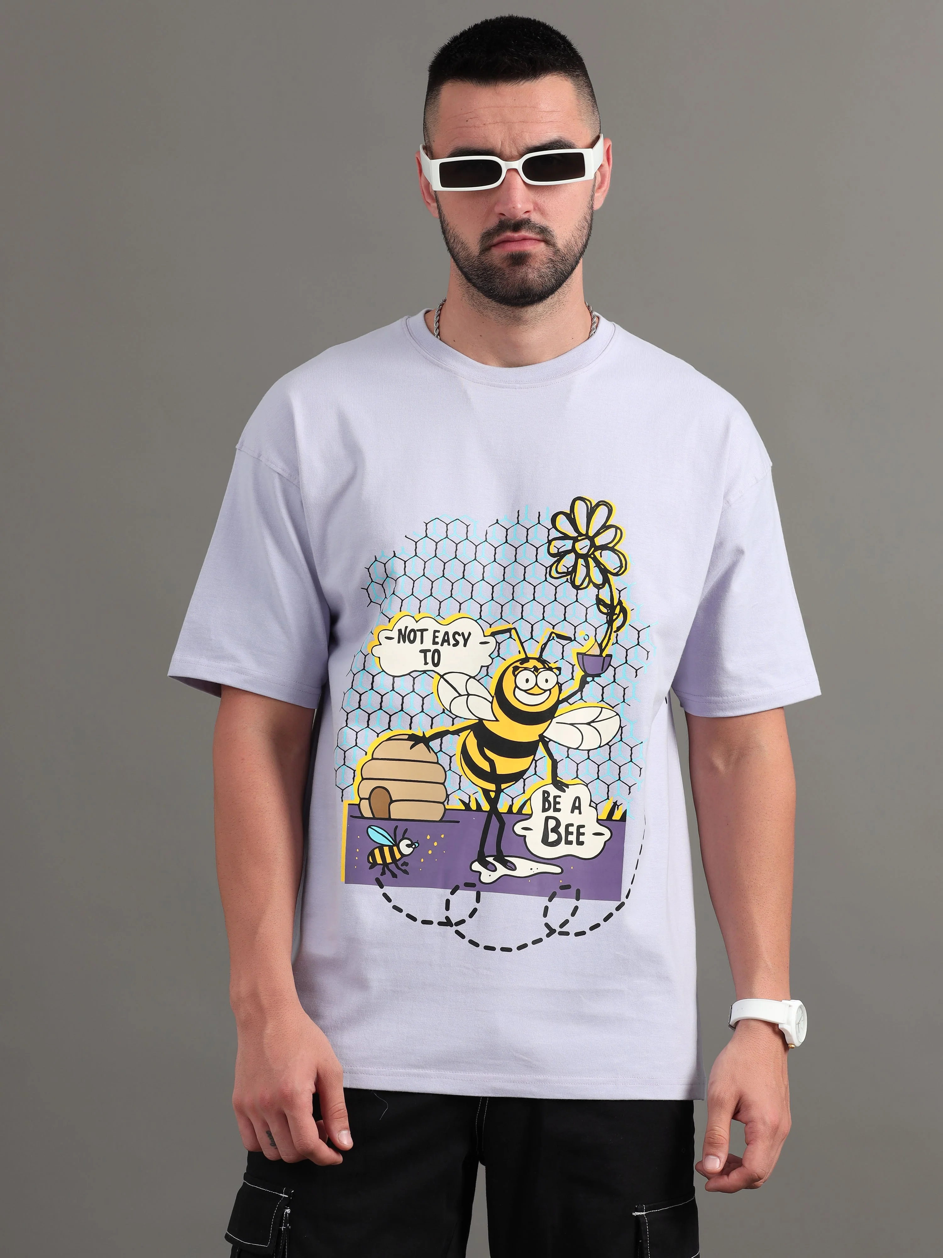 Men Bee Happy Lavender Oversized T-Shirt - Image 4