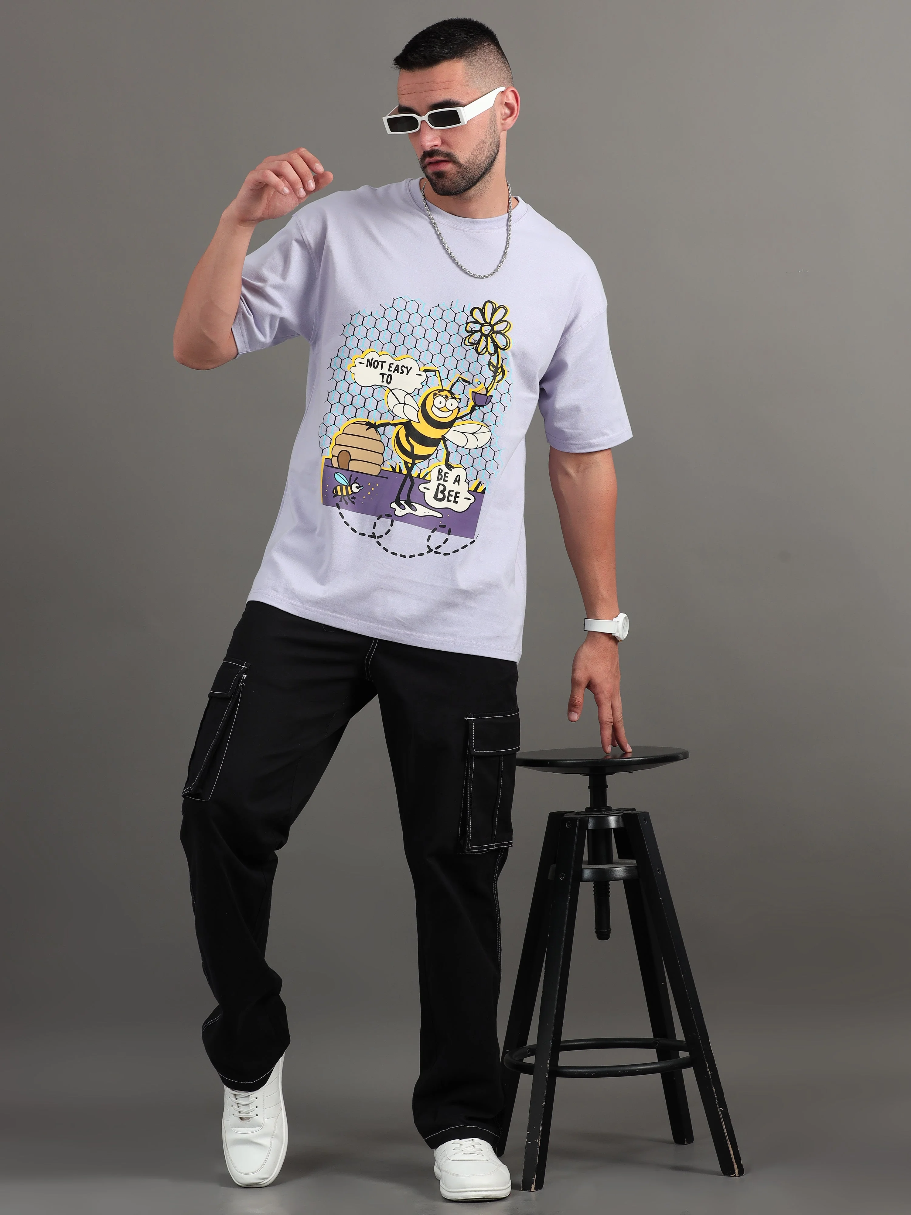 Men Bee Happy Lavender Oversized T-Shirt - Image 5