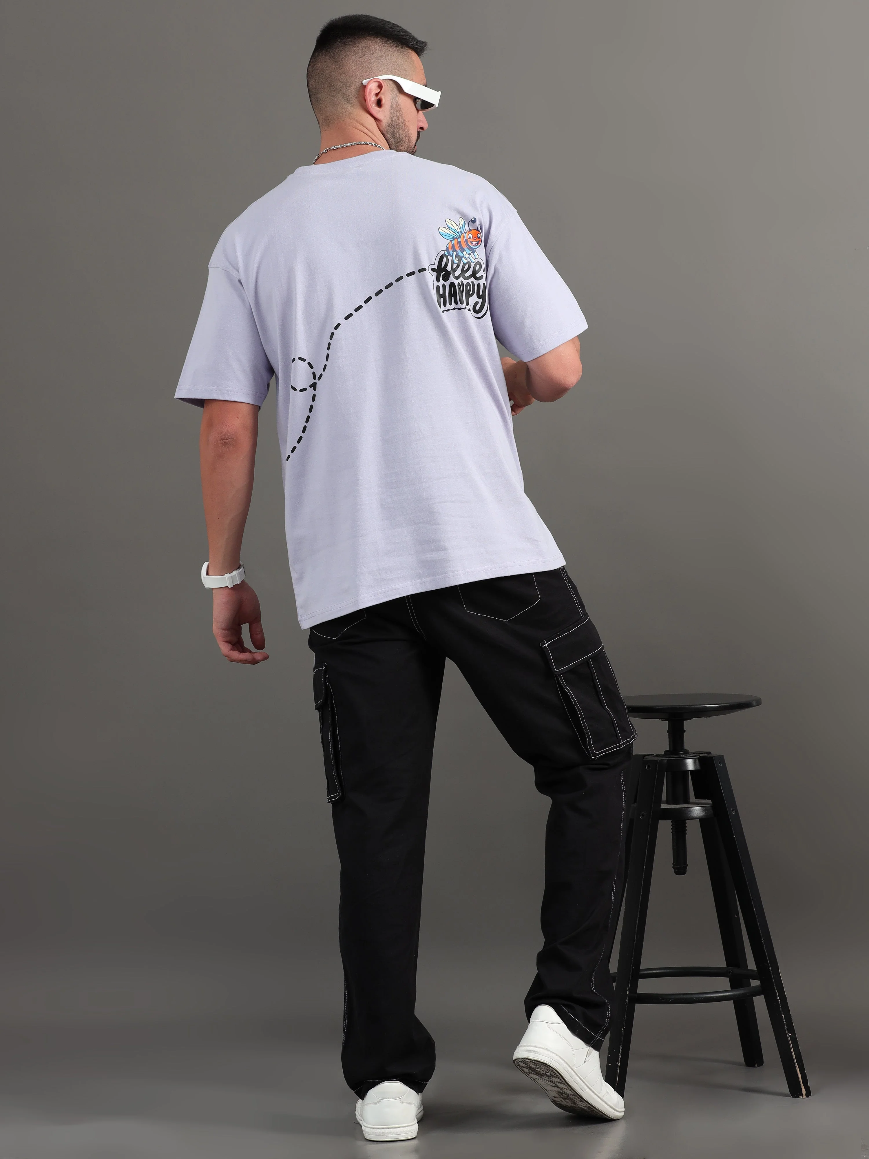 Men Bee Happy Lavender Oversized T-Shirt - Image 6