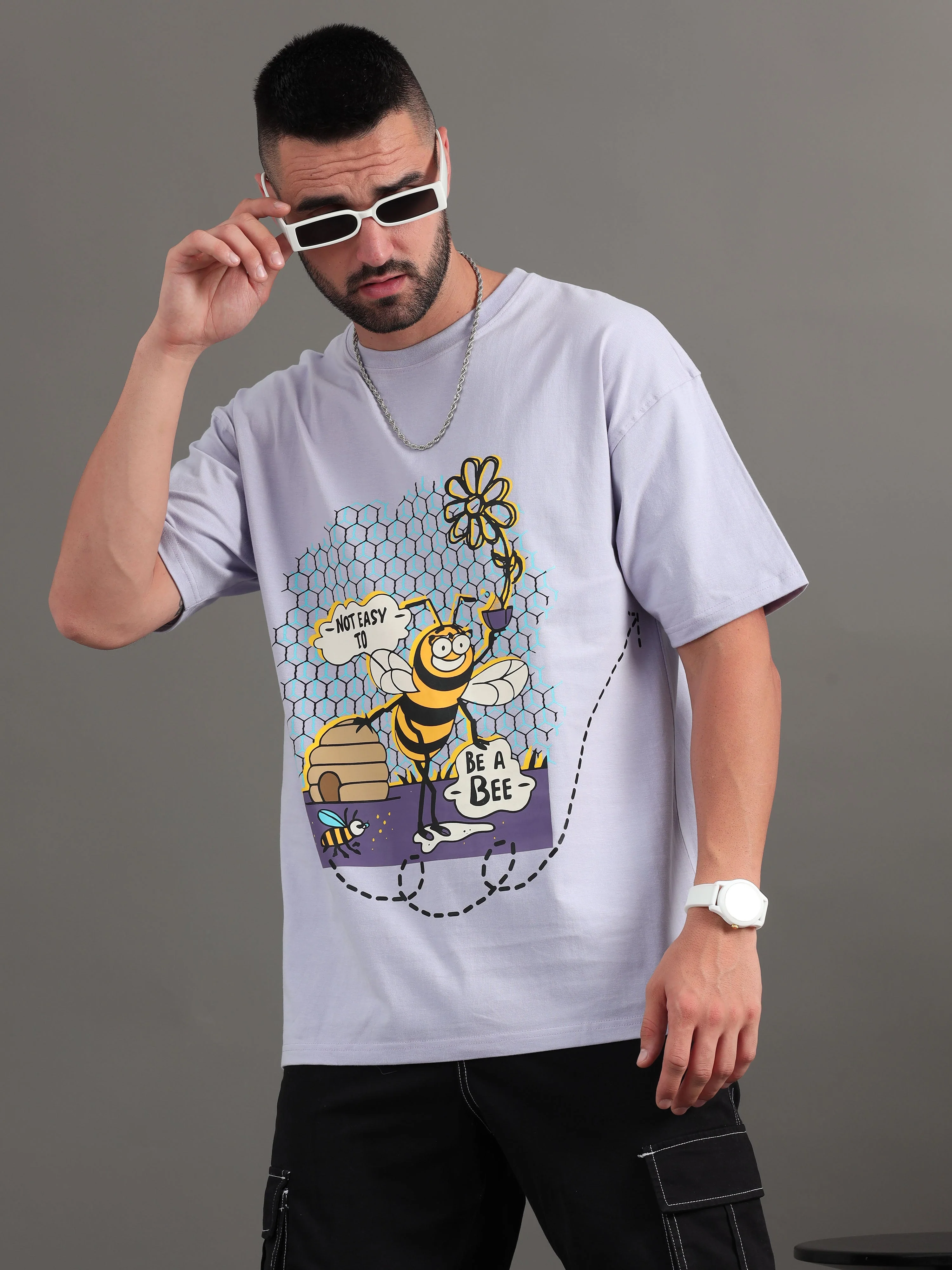 Men Bee Happy Lavender Oversized T-Shirt - Image 7