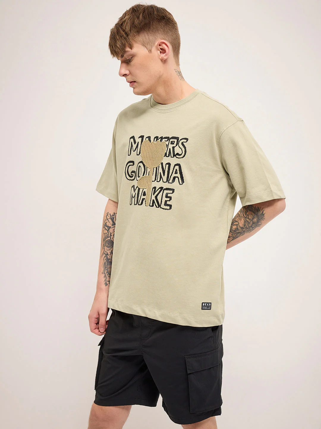 Men Beige 3D graphic Design Crew Neck T-Shirt - Image 3