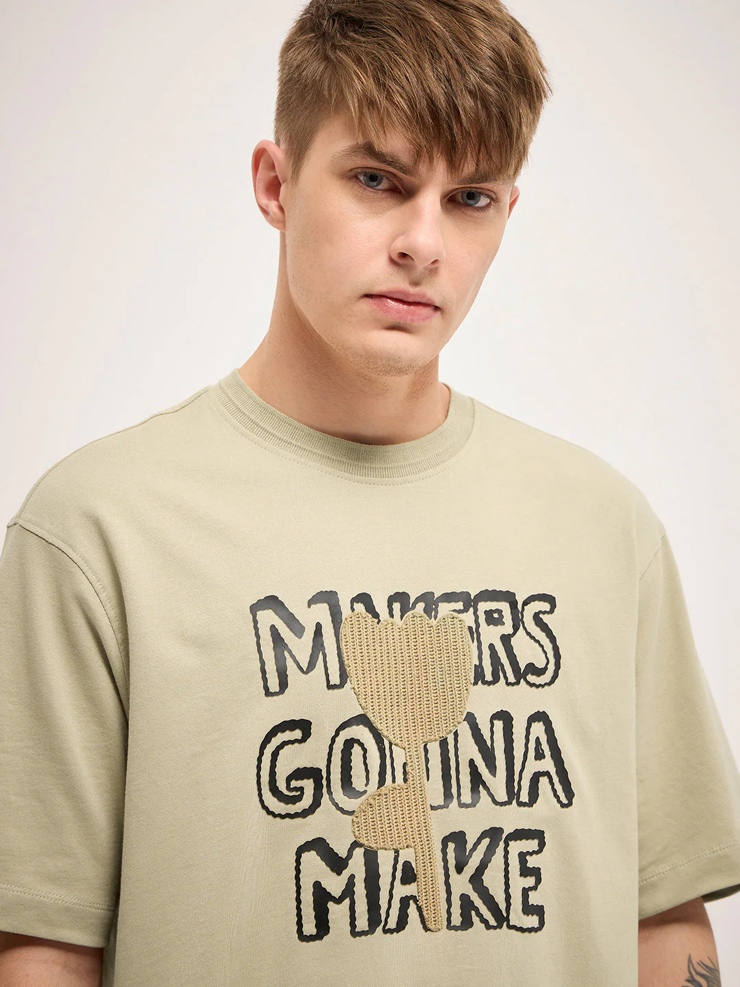 Men Beige 3D graphic Design Crew Neck T-Shirt - Image 4