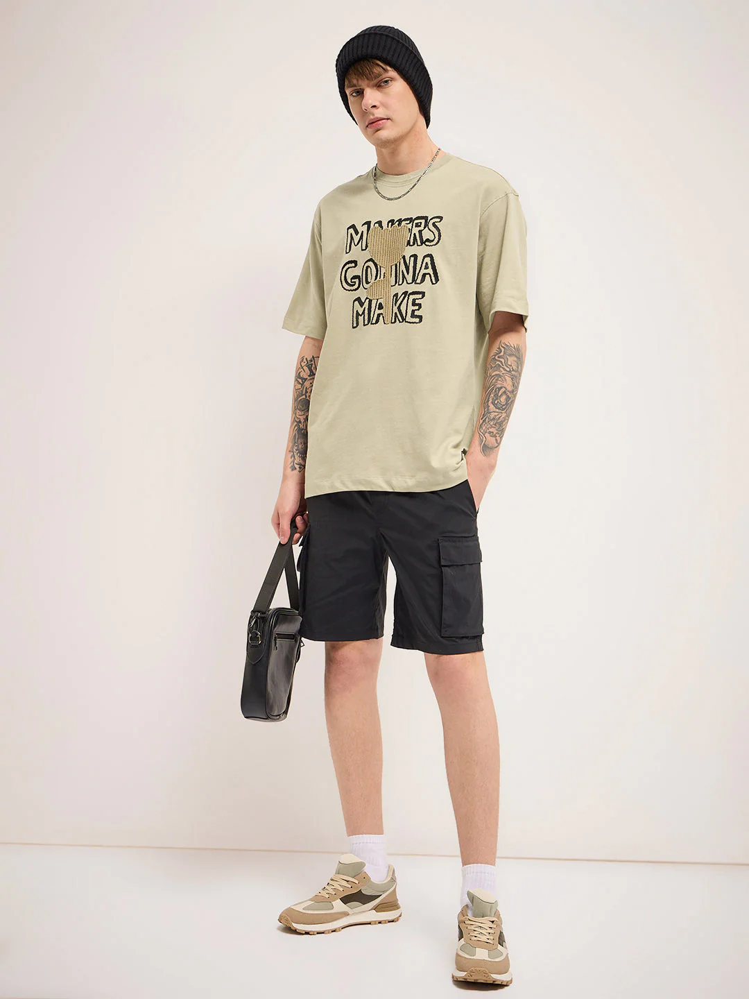 Men Beige 3D graphic Design Crew Neck T-Shirt - Image 5