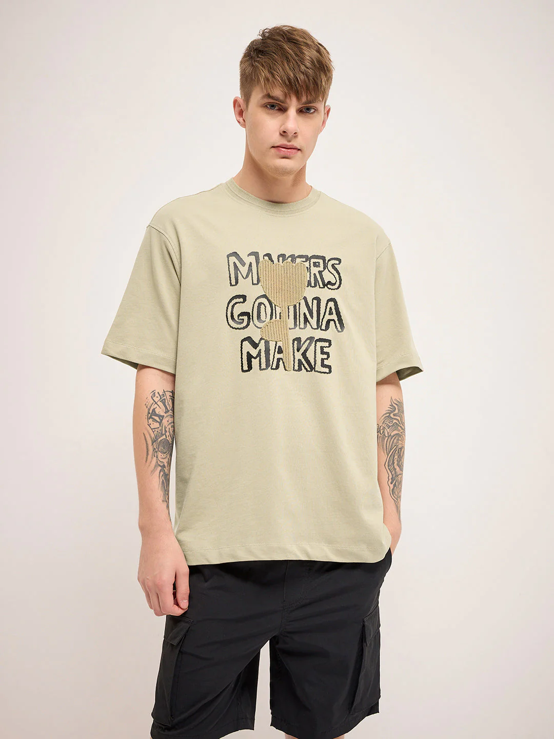 Men Beige 3D graphic Design Crew Neck T-Shirt - Image 6