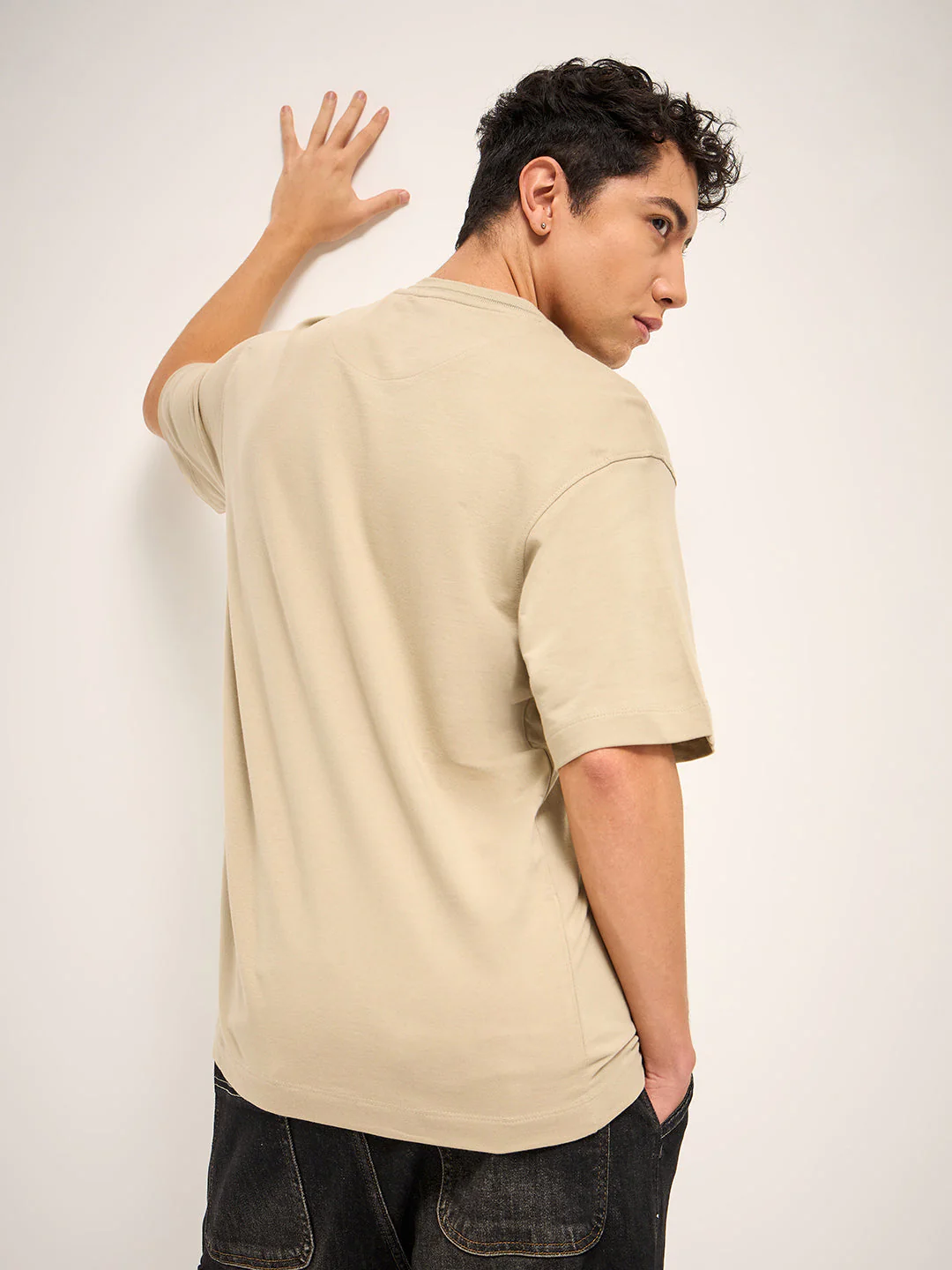 Men Beige 3D graphic Design Crew Neck T-Shirt - Image 2
